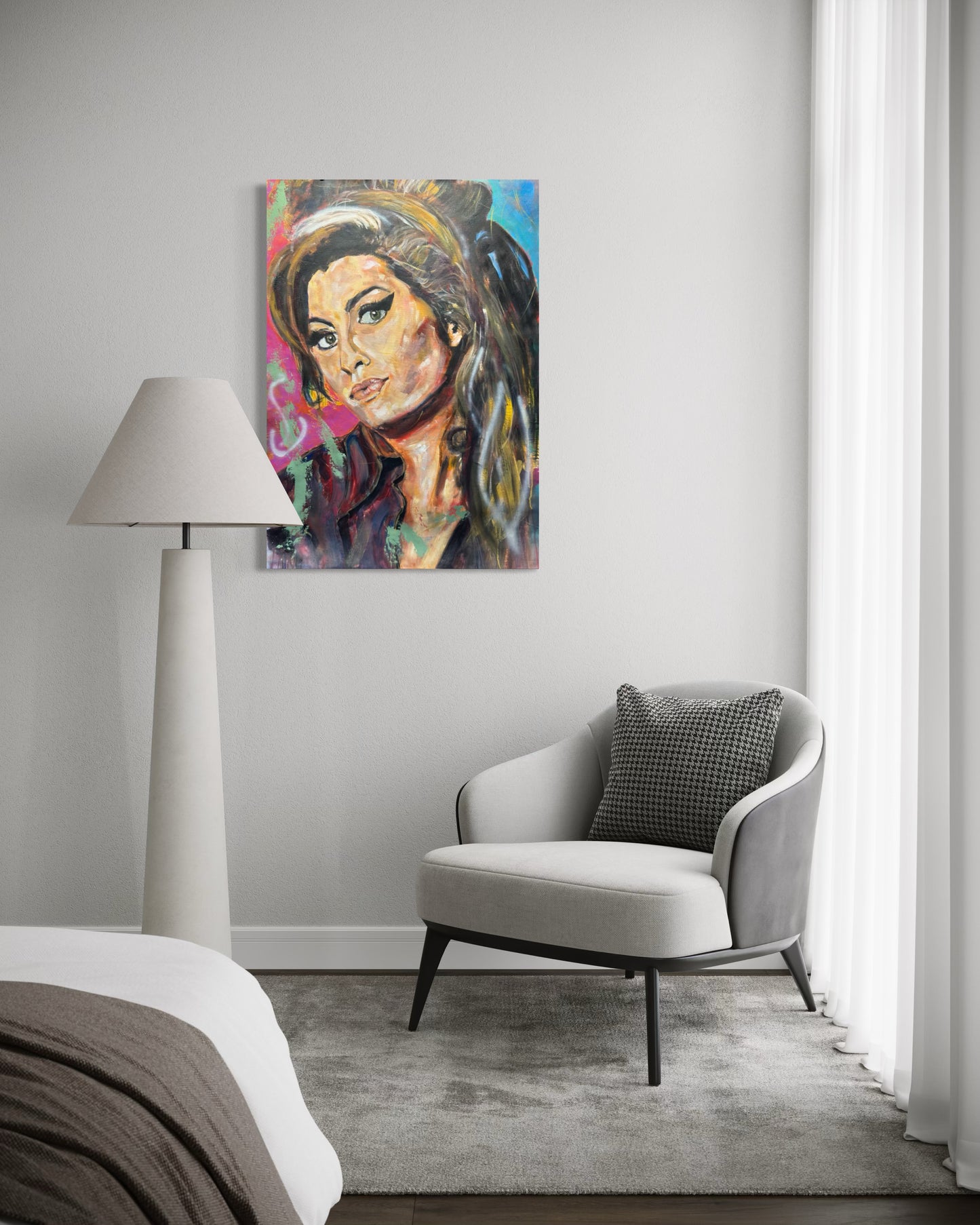Amy Winehouse original painting displayed in modern living room interior