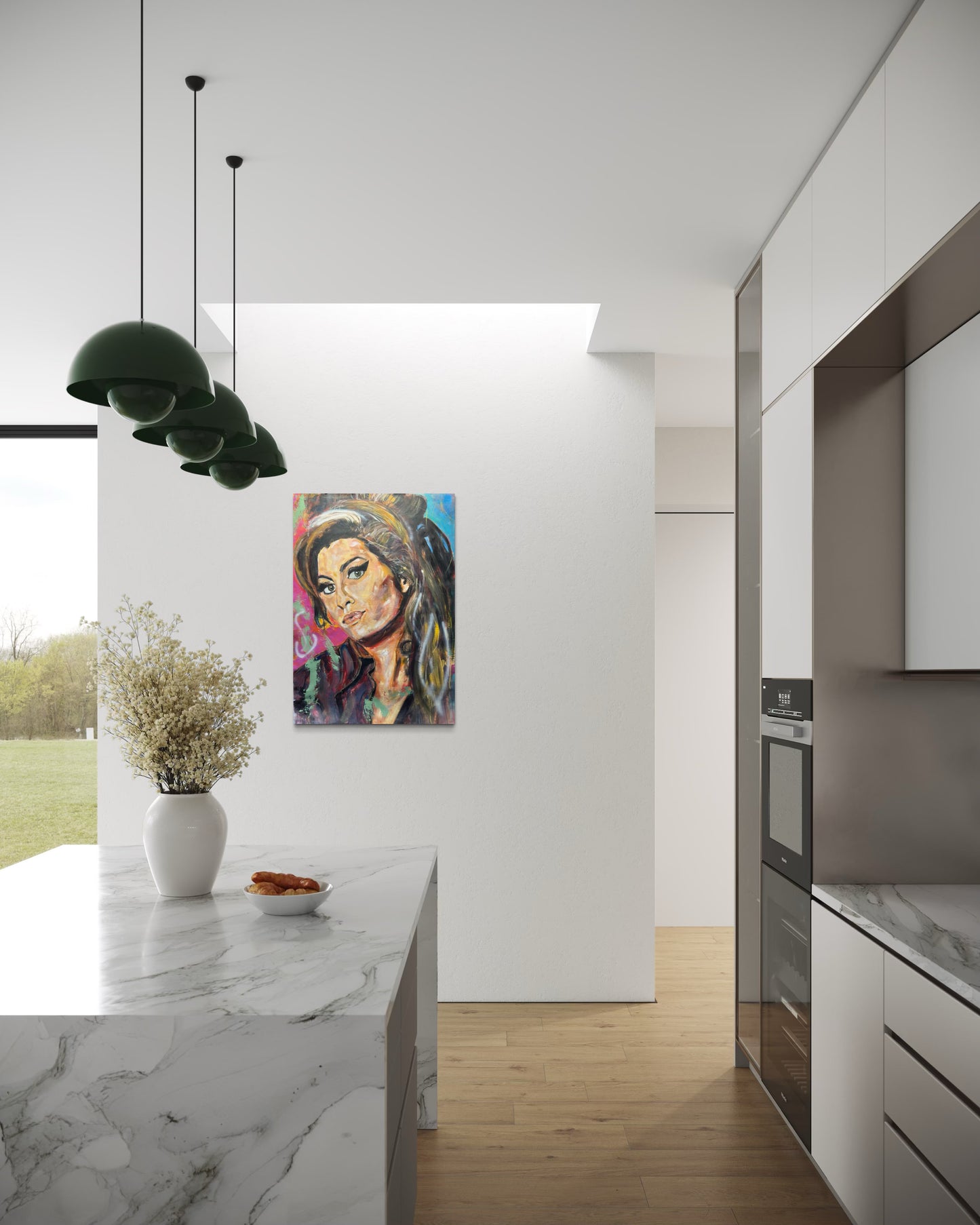 Amy Winehouse artwork in modern stylistic kitchen -contemporary art display