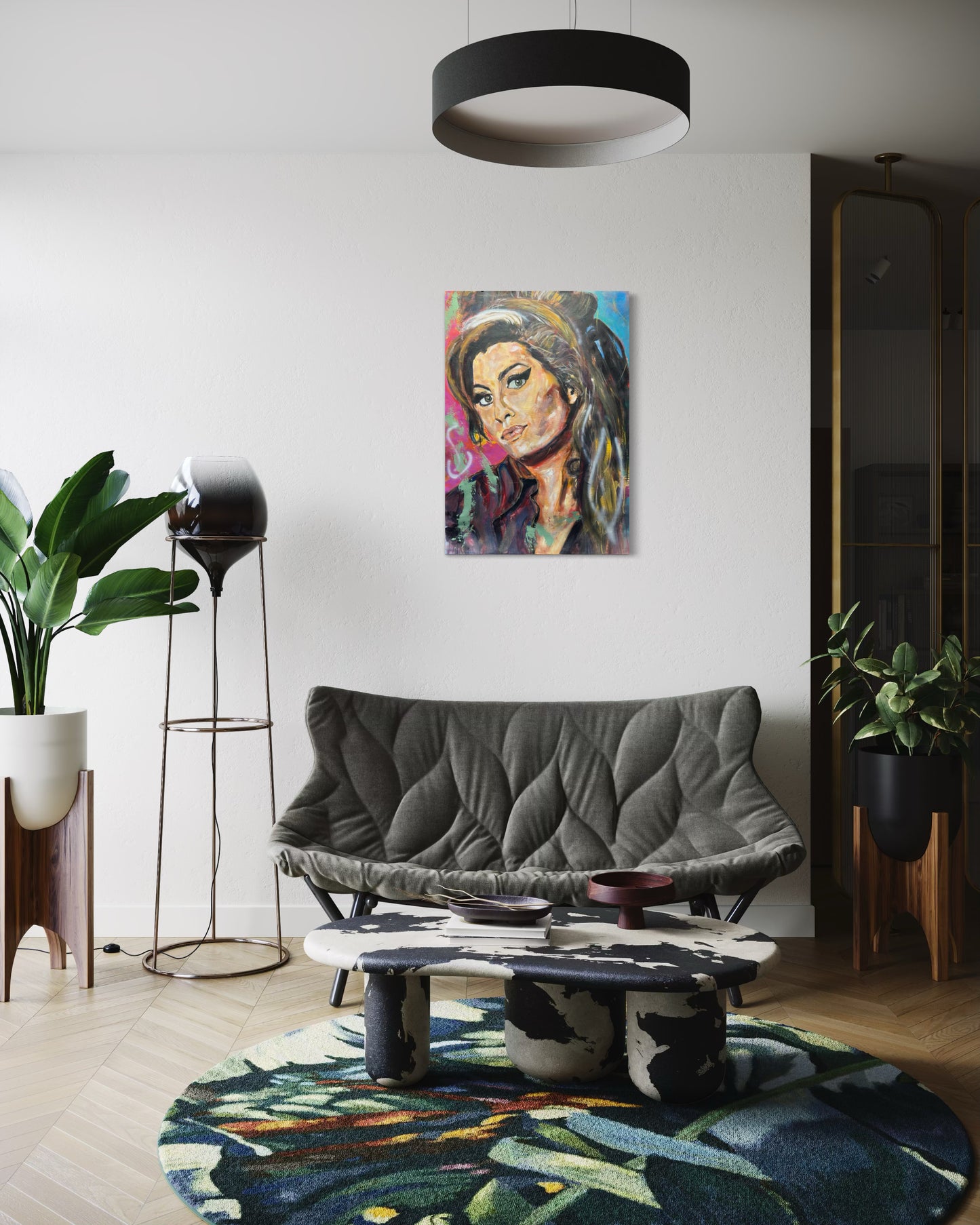 Amy Winehouse artwork with matching color palette sofa - coordinated interior design