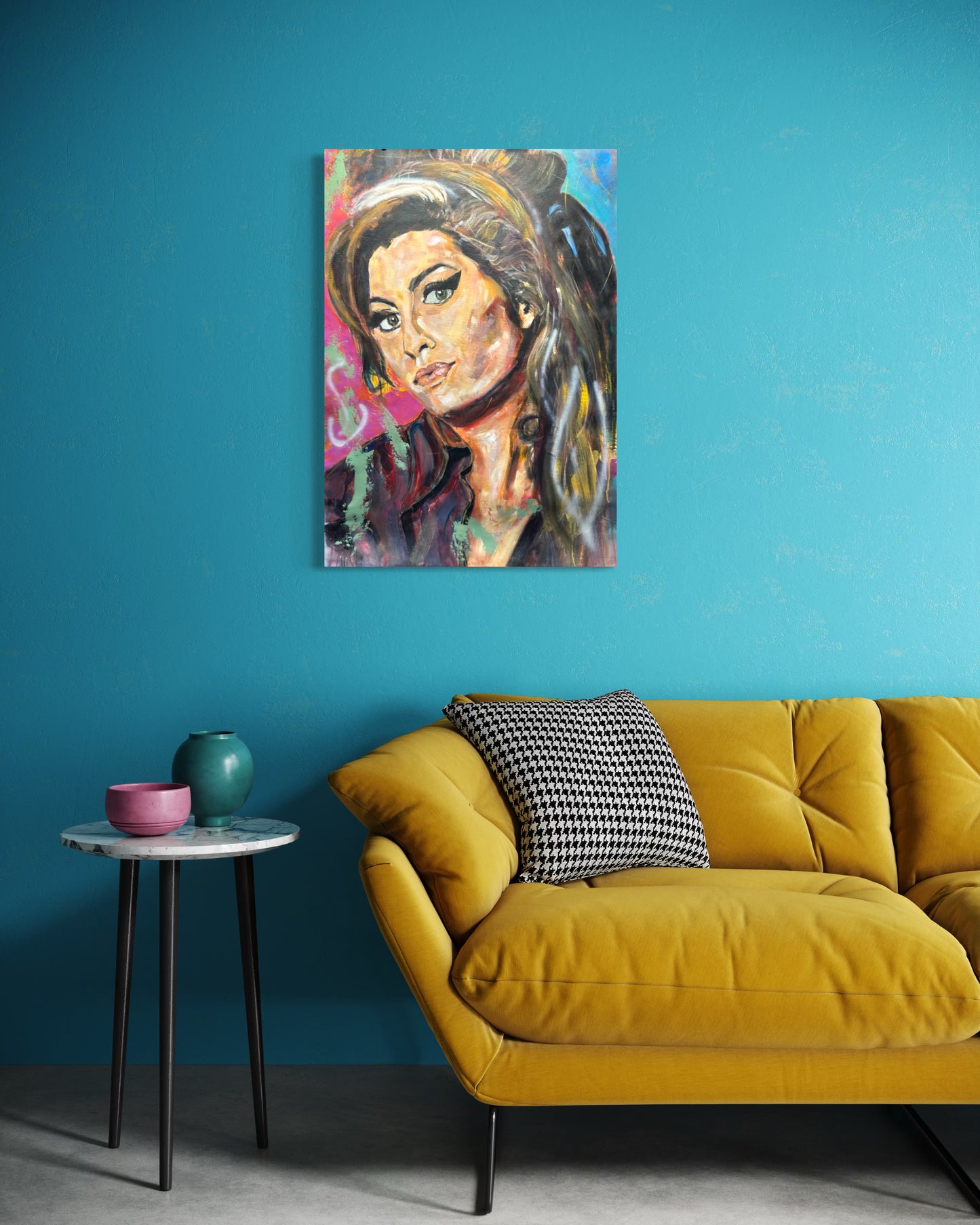 Amy Winehouse painting above golden yellow sofa - vibrant home styling