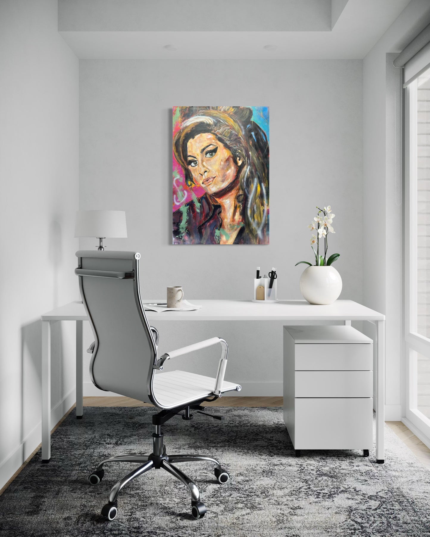 Amy Winehouse portrait in elegant white office - professional wallart