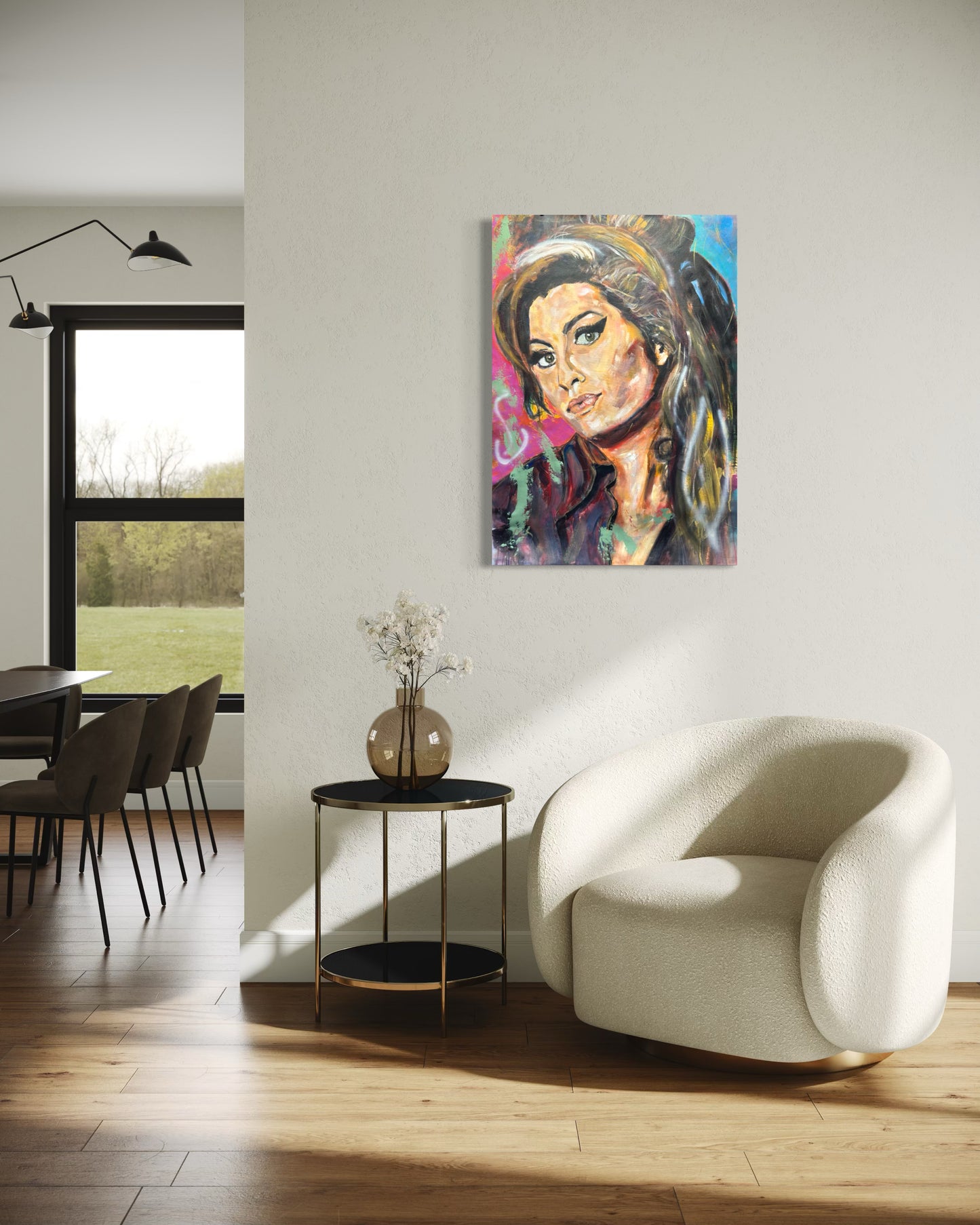 Amy Winehouse portrait over sofa - stylish home decor