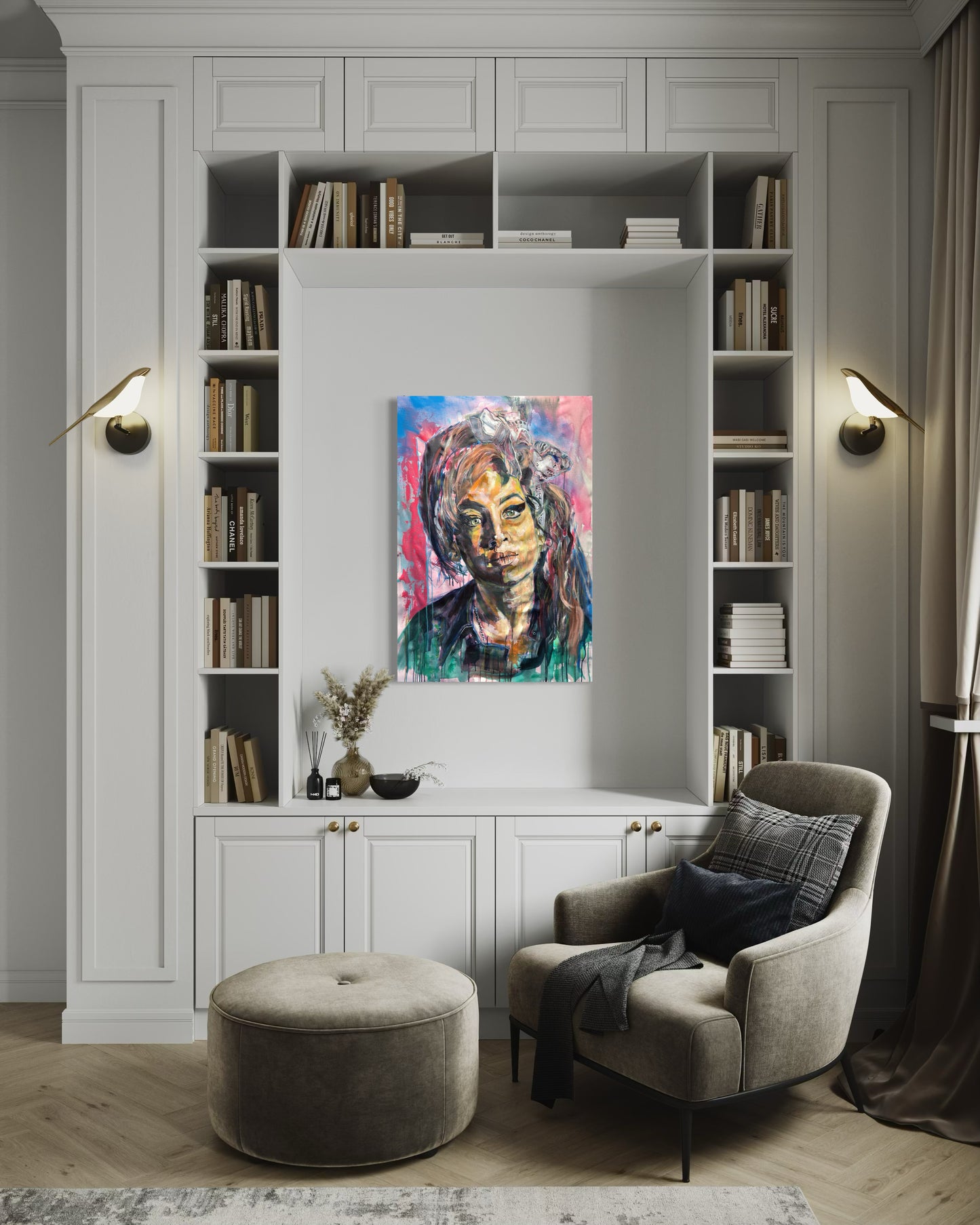 Amy Winehouse artwork in cozy room with bookshelf
