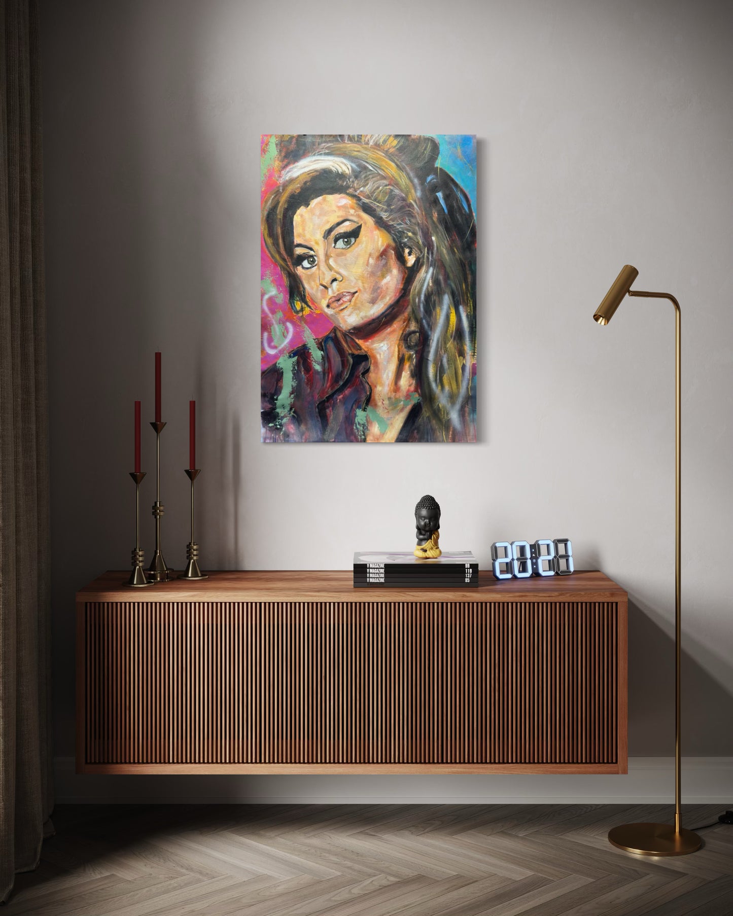 Amy Winehouse artwork in entrance hallway - welcoming home decor