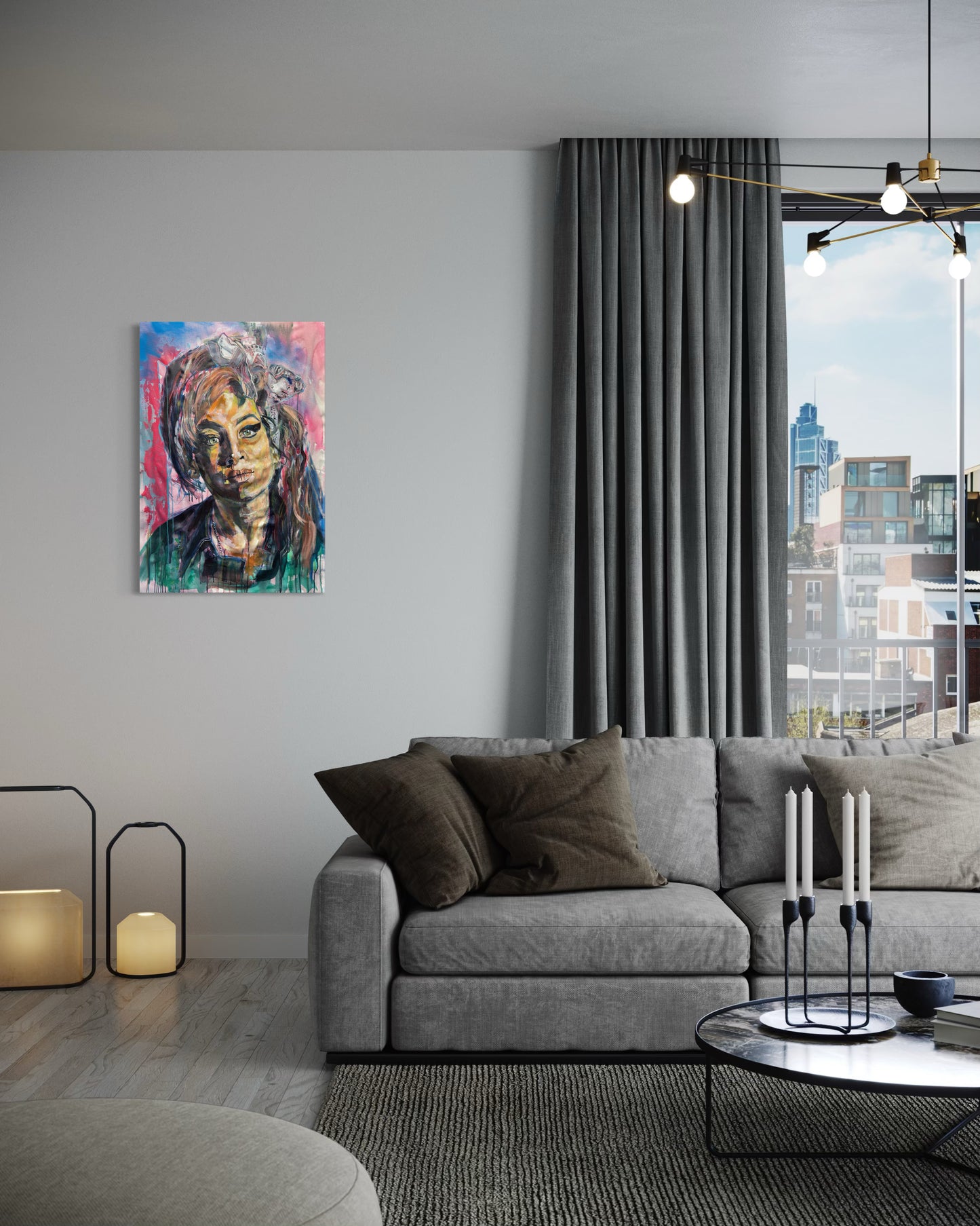 Amy Winehouse artwork in modern grey living room