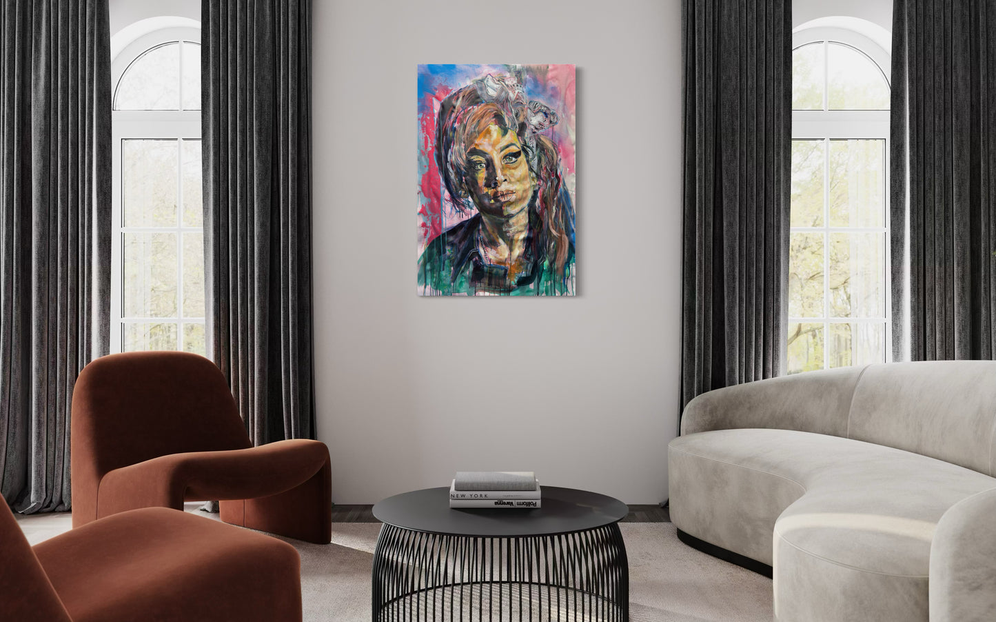 Amy Winehouse artwork in modern living room