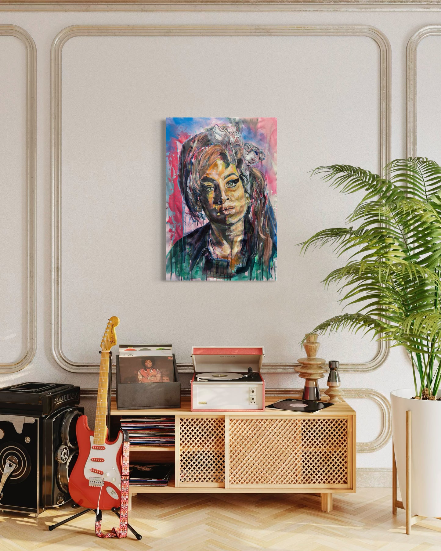 Amy Winehouse original painting in room with vinyl records and electric guitar