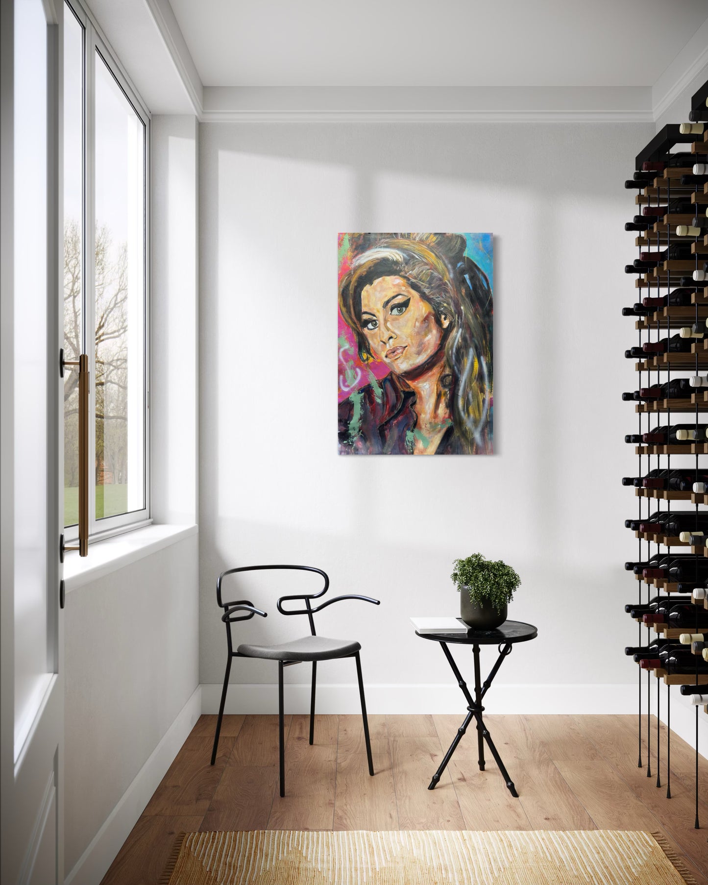 Amy Winehouse artwork in wine cellar room - sophisticated home bar decor