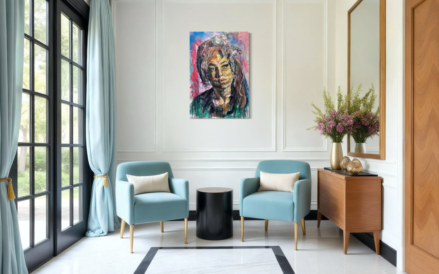Amy Winehouse painting in traditional living room