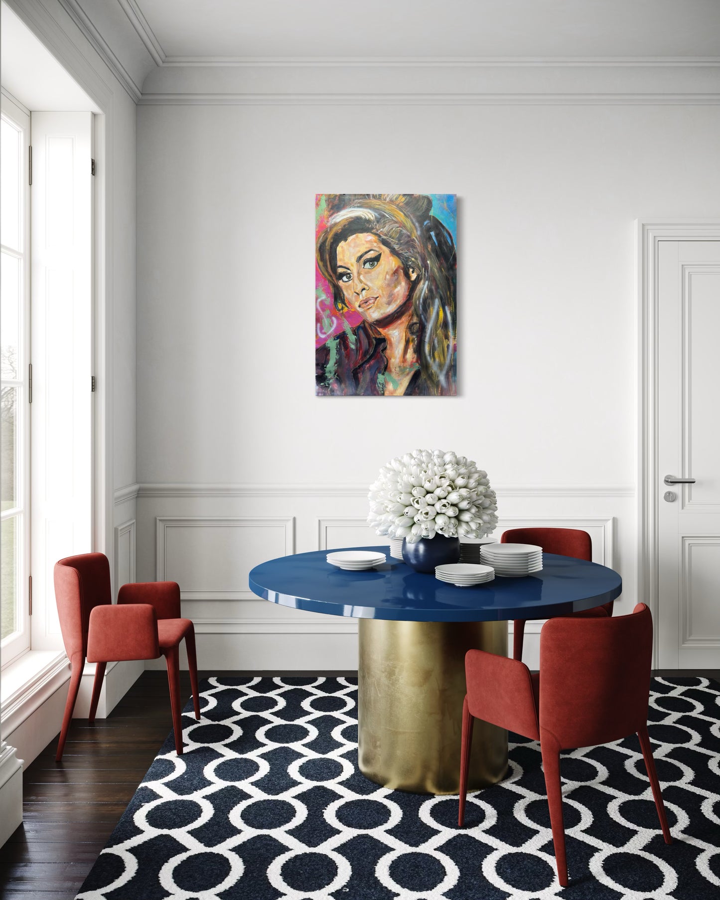 Amy Winehouse portrait above dining_ able with three chairs - modern dining space