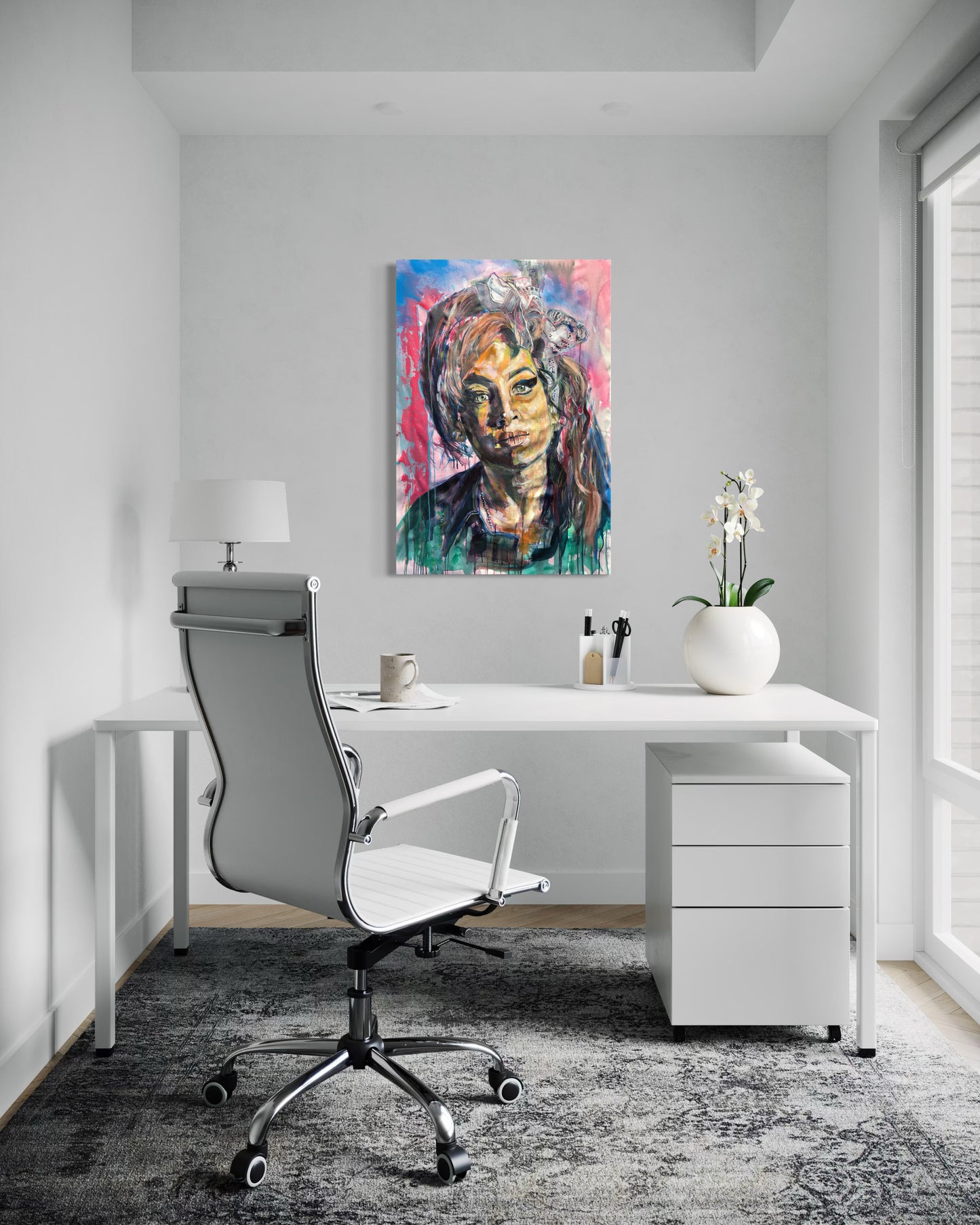 Amy Winehouse portrait in white elegant office