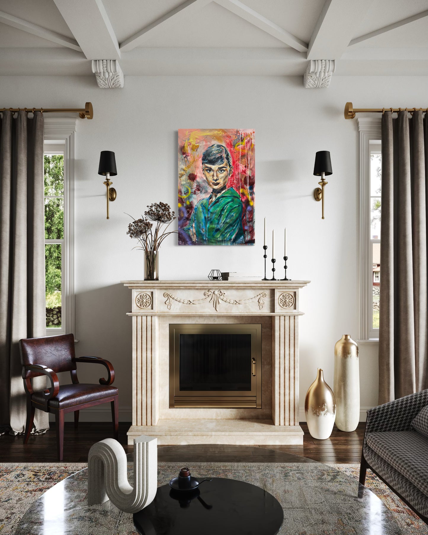 Audrey Hepburn painting above fireplace