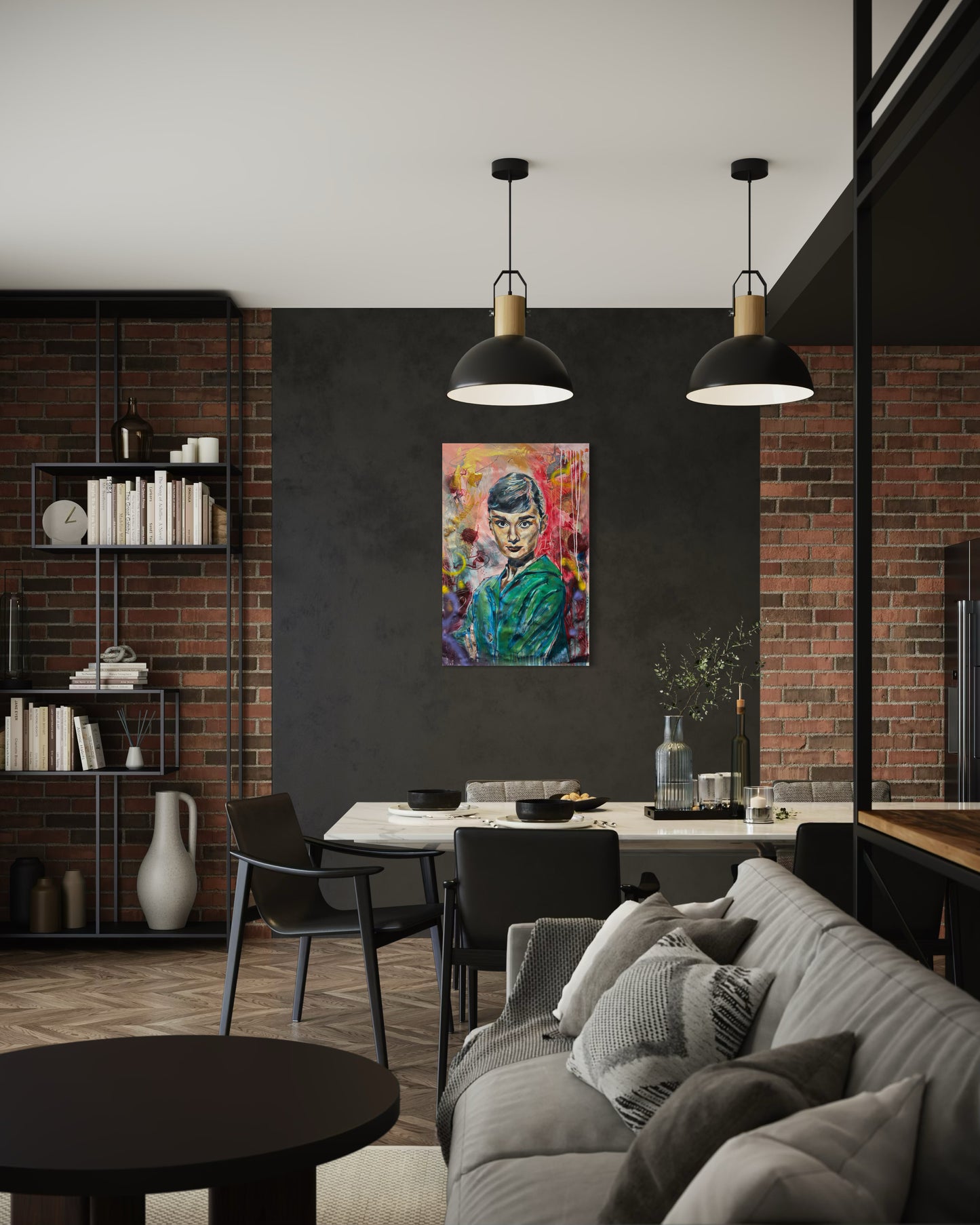 Audrey Hepburn painting in dining room on black wall