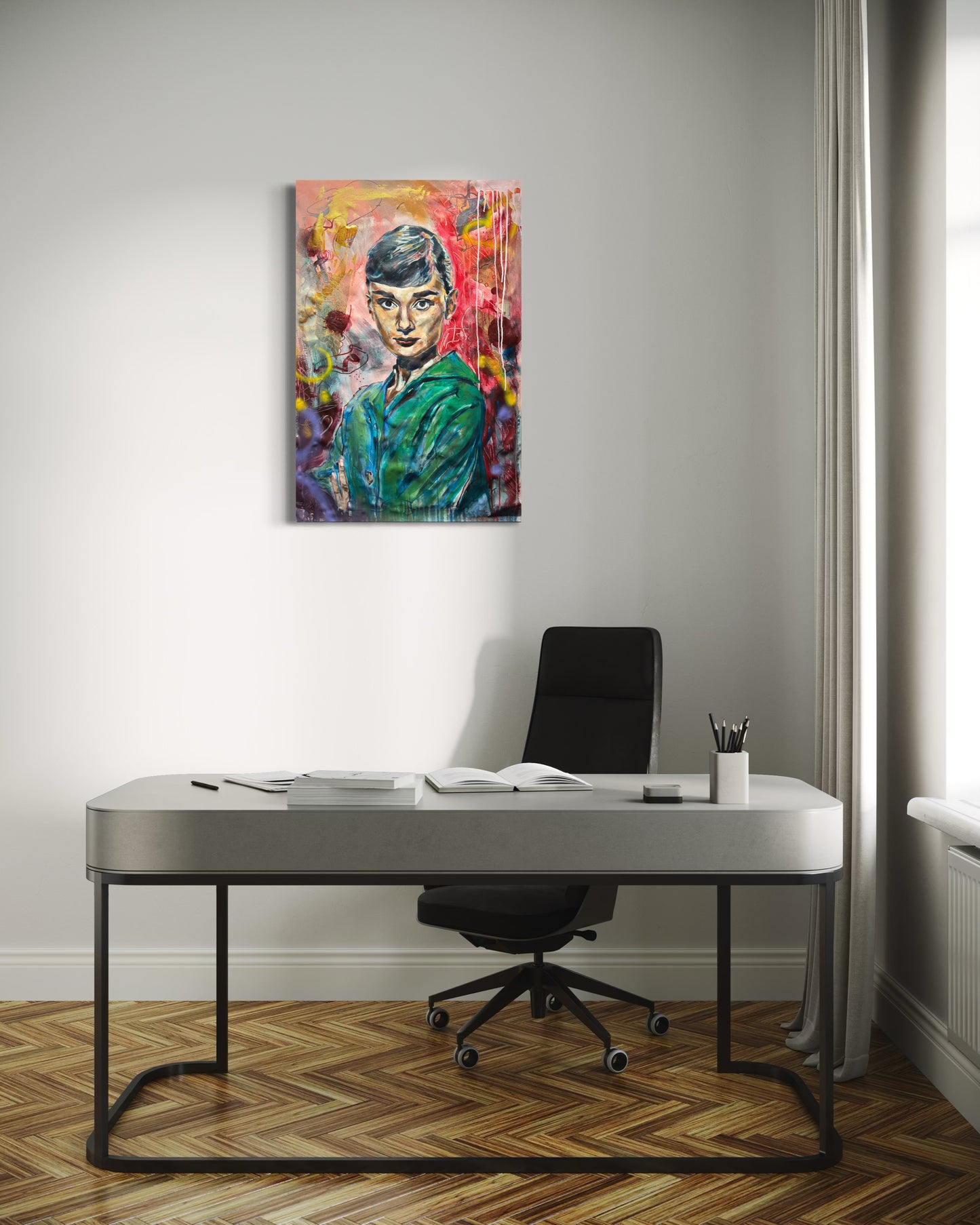 Audrey Hepburn painting in modern office room