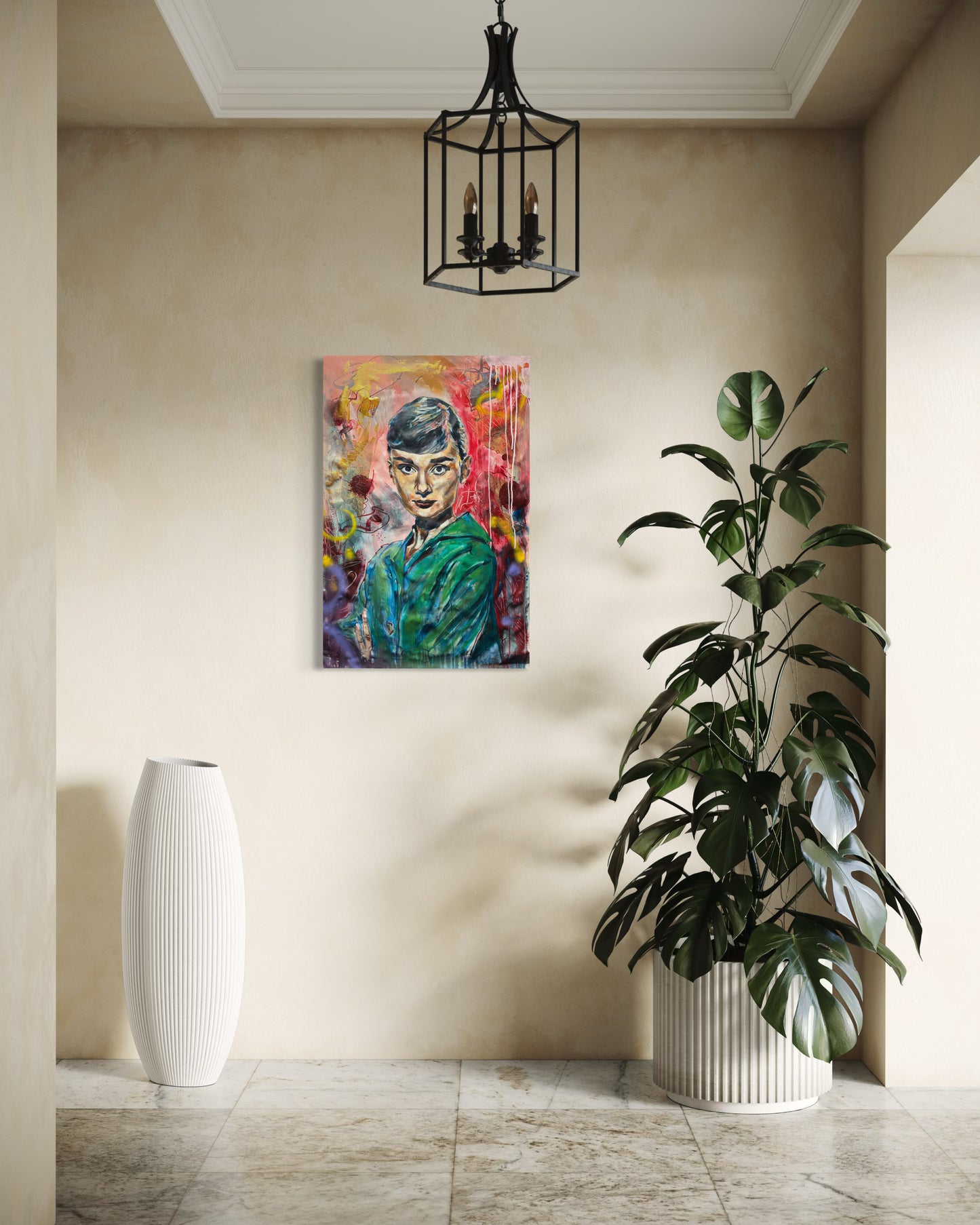 Audrey Hepburn portrait in styled hallway