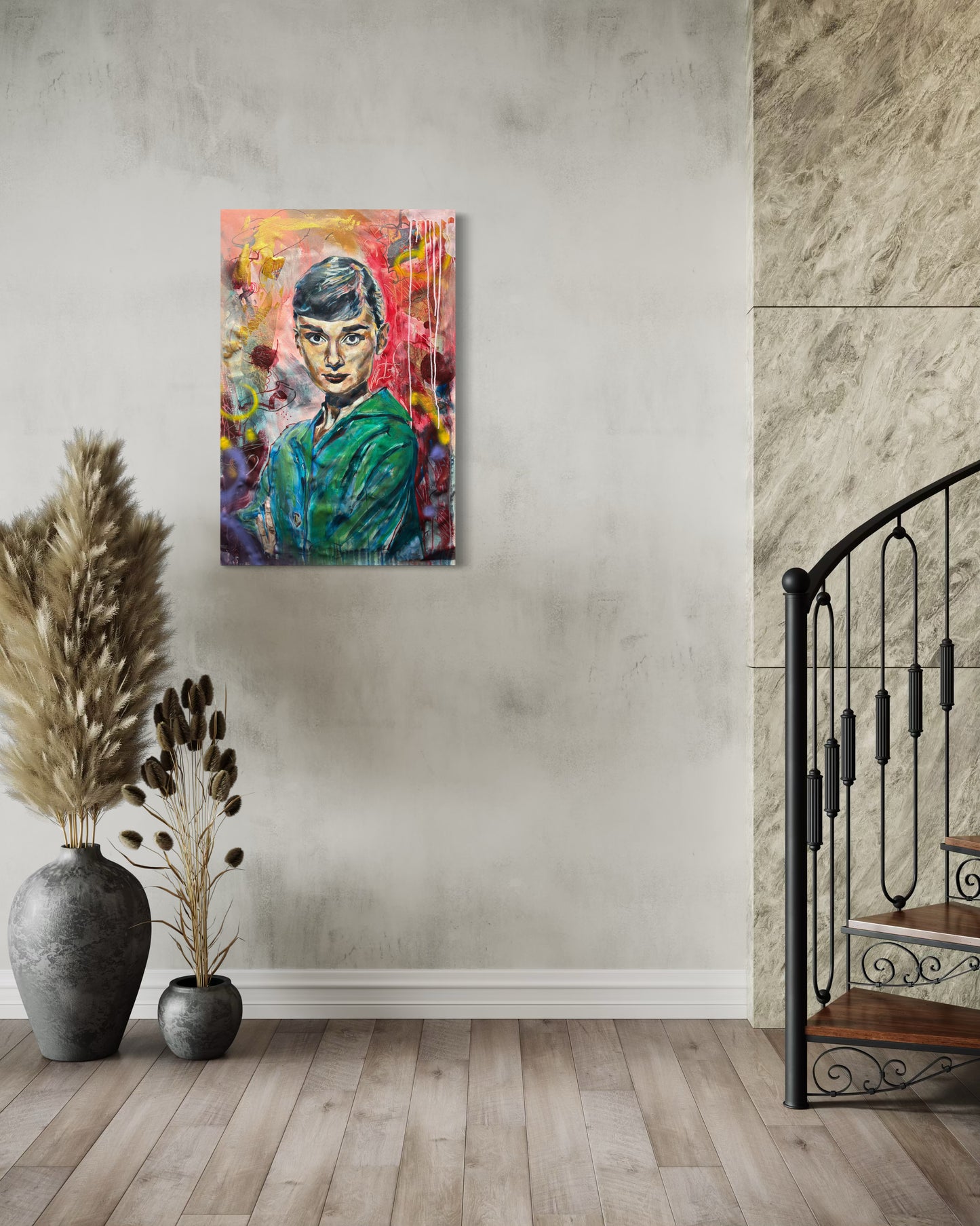 Audrey Hepburn portrait next to staircase