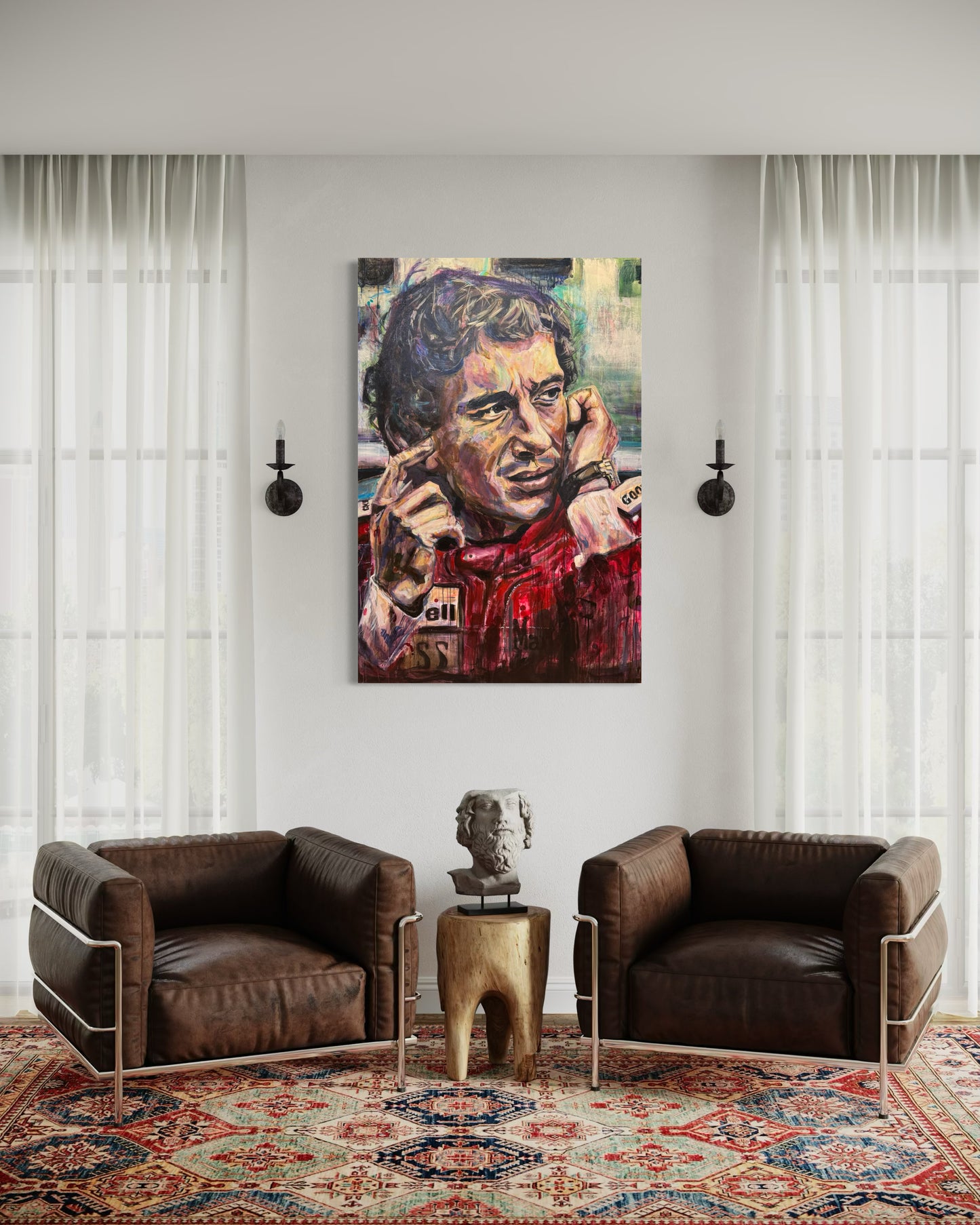 Ayrton Senna artwork between two leather armchairs