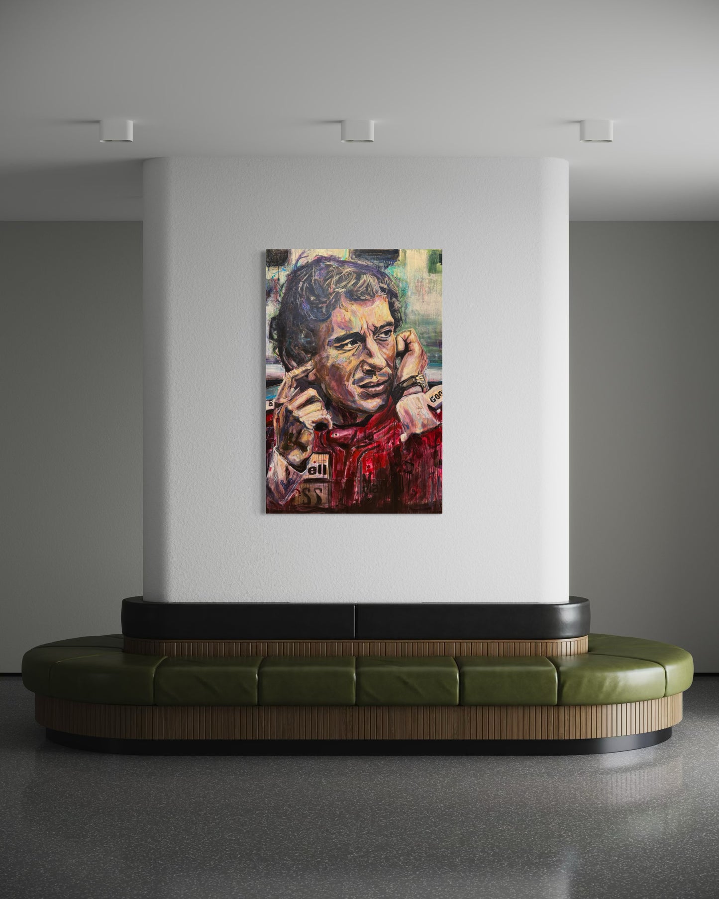 Ayrton Senna artwork in empty room with round sofa