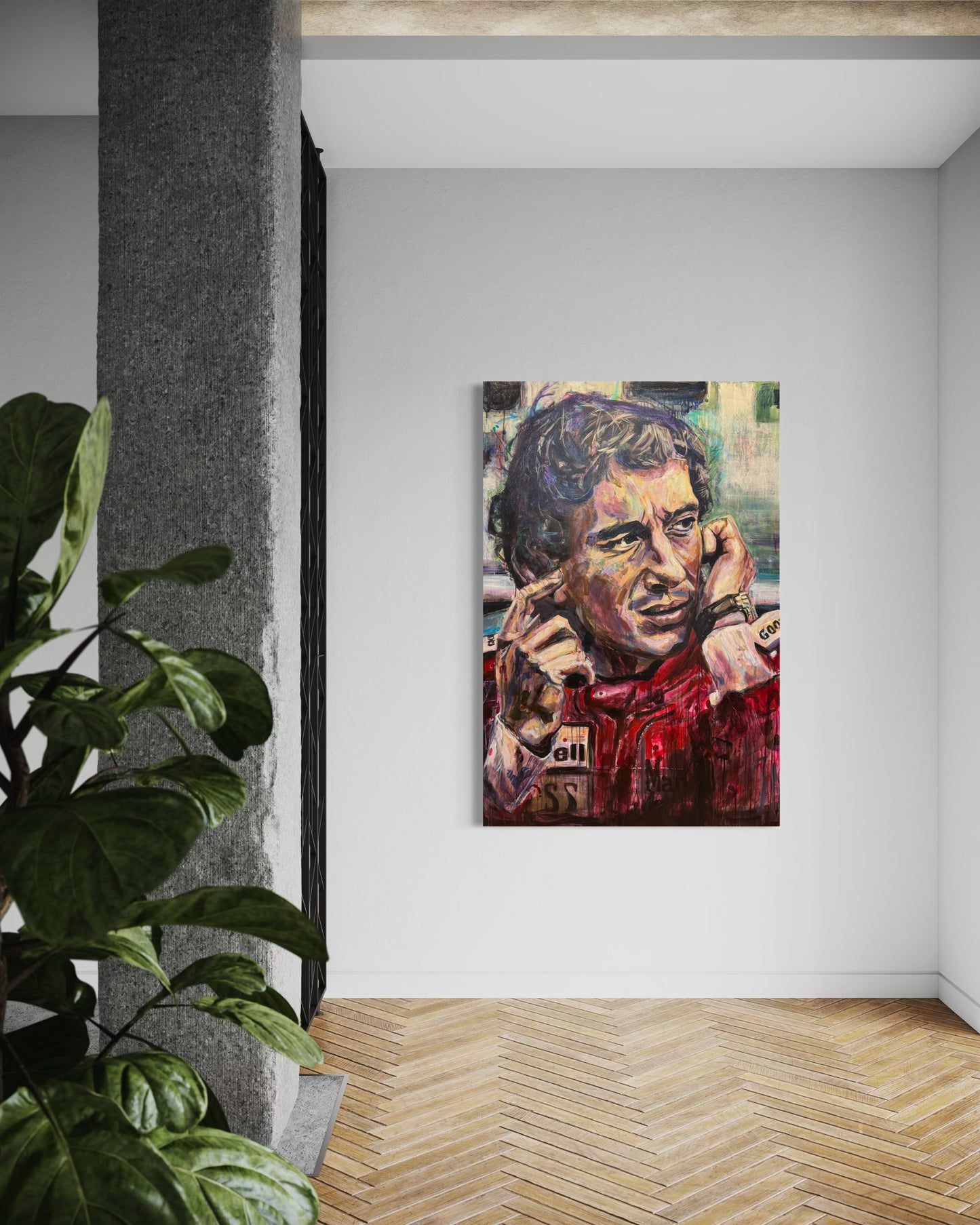 Ayrton Senna painting in modern hallway