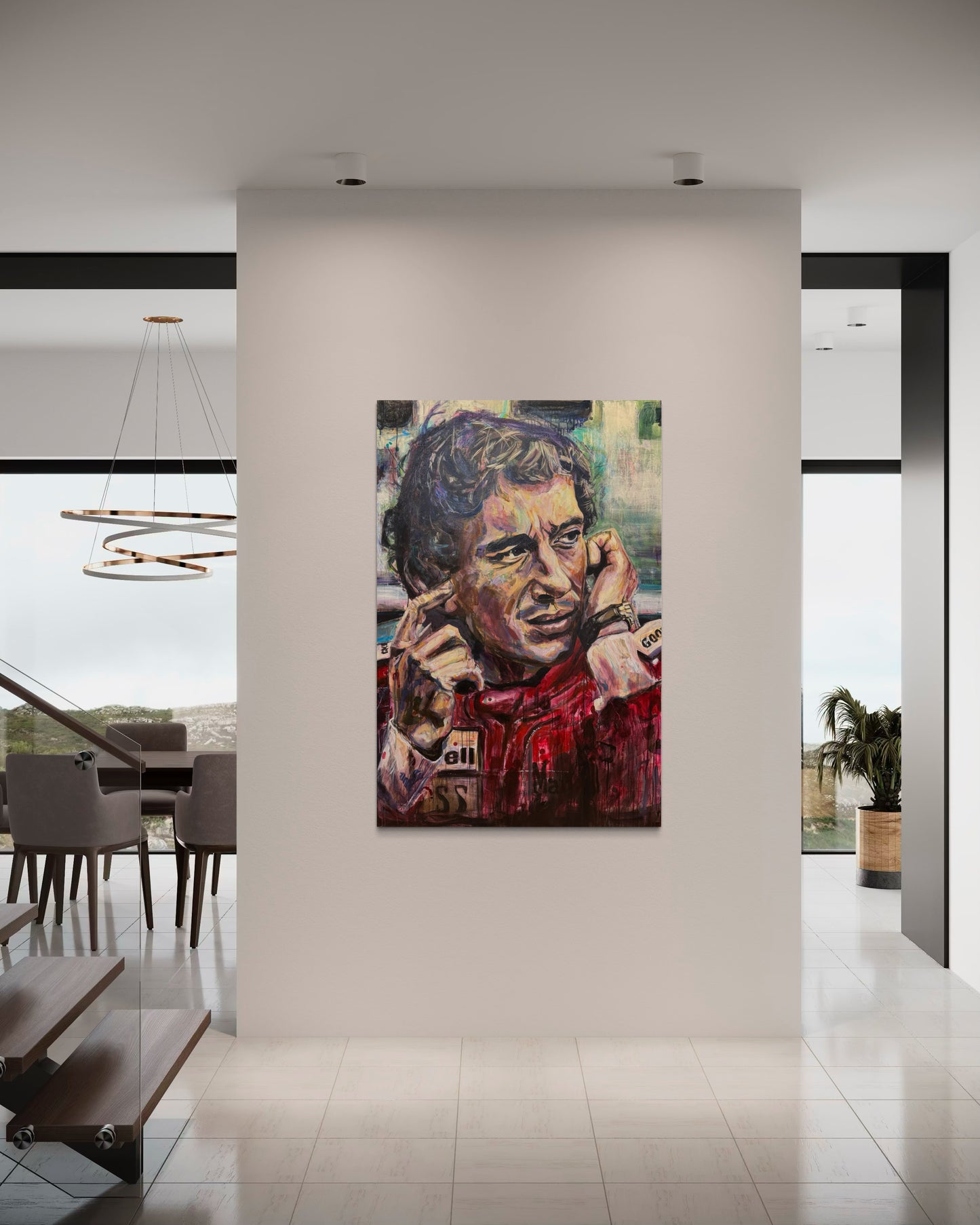 Ayrton Senna painting in modern living room