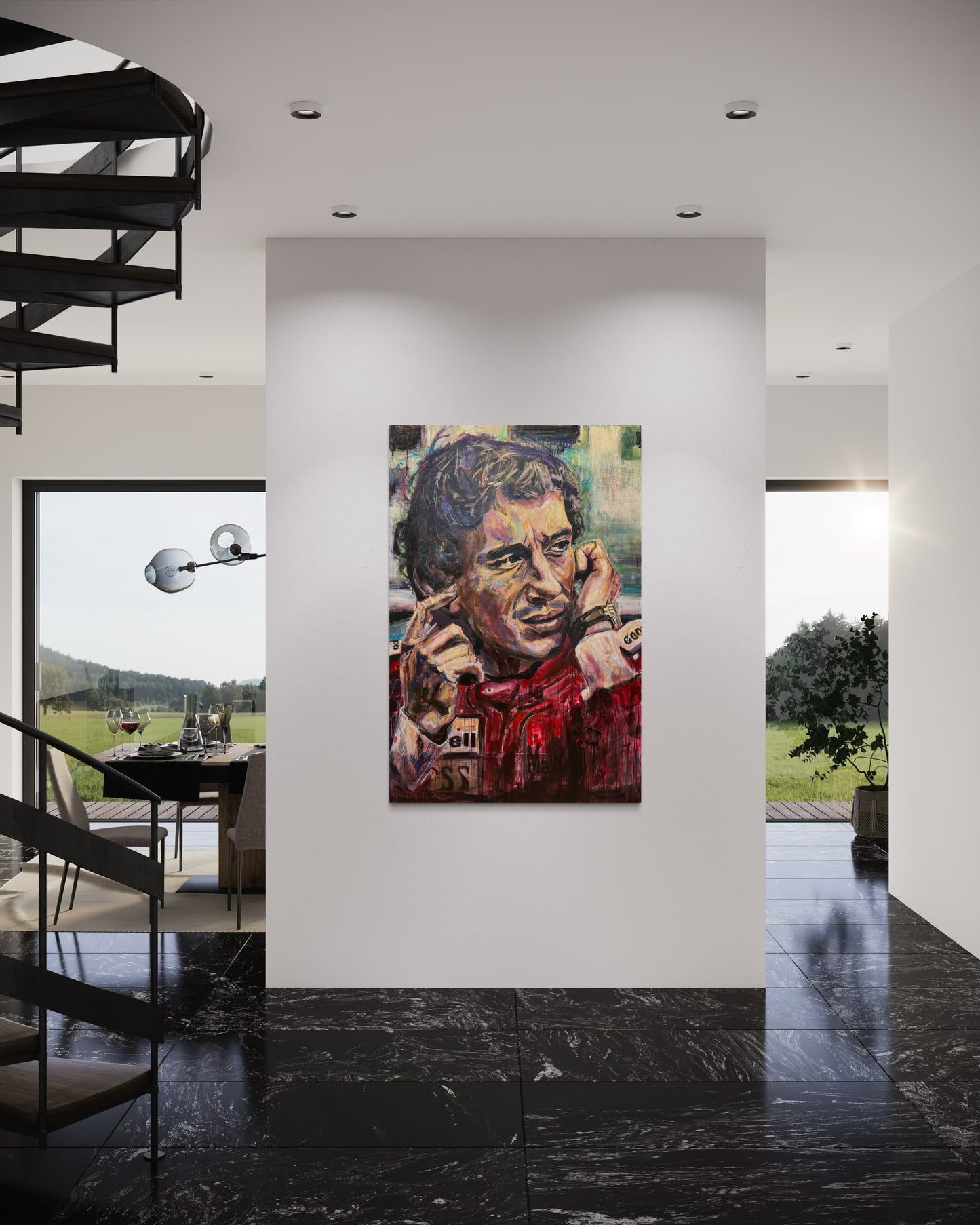 Ayrton Senna painting in modern living room with dining area