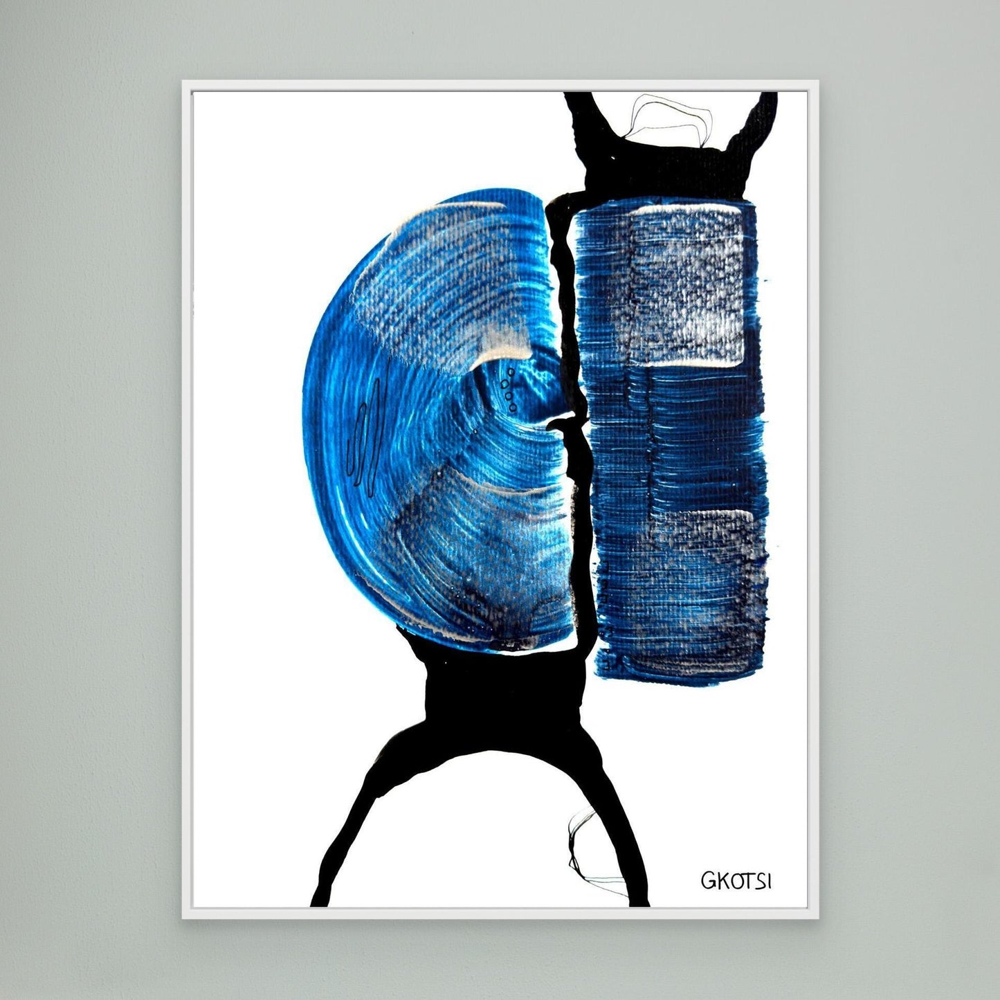 BALANCE canvas detail with white frame on grey wall background - abstract art focus