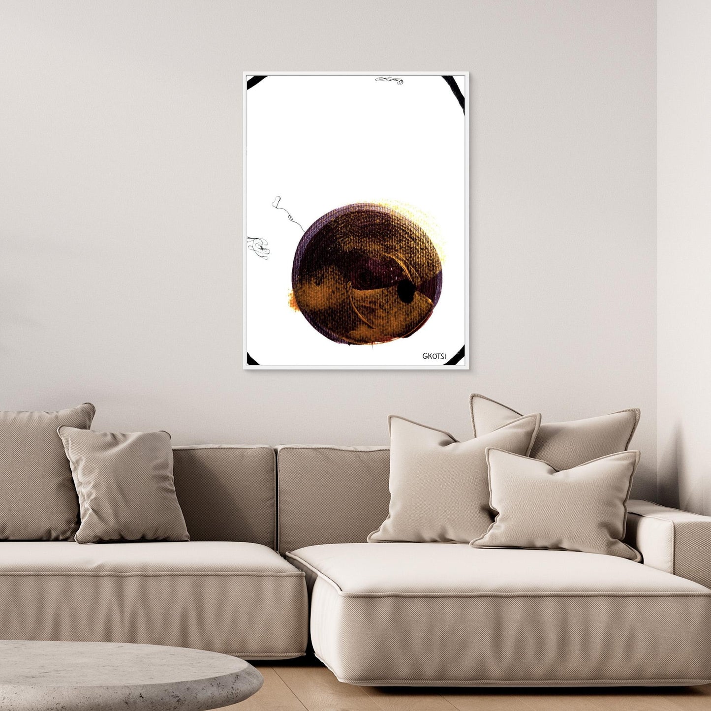 BALOON abstract canvas print above modern sofa in contemporary living room - modern shapes wall art