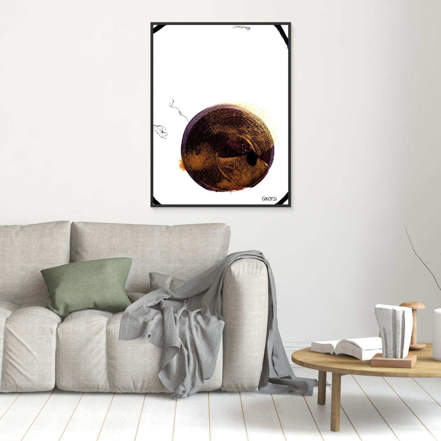 BALOON abstract canvas print as artistic focal point above gray sofa