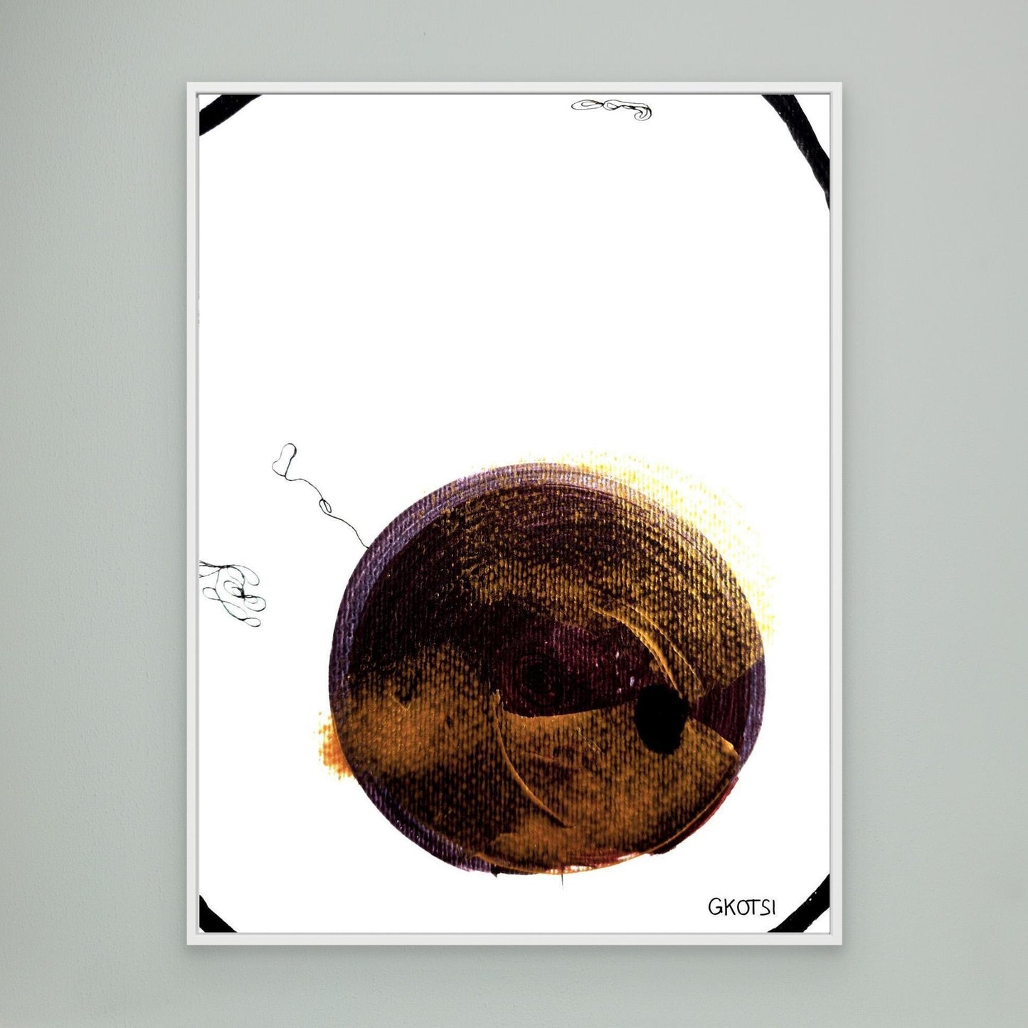 BALOON abstract canvas print detail view with white frame on gray wall