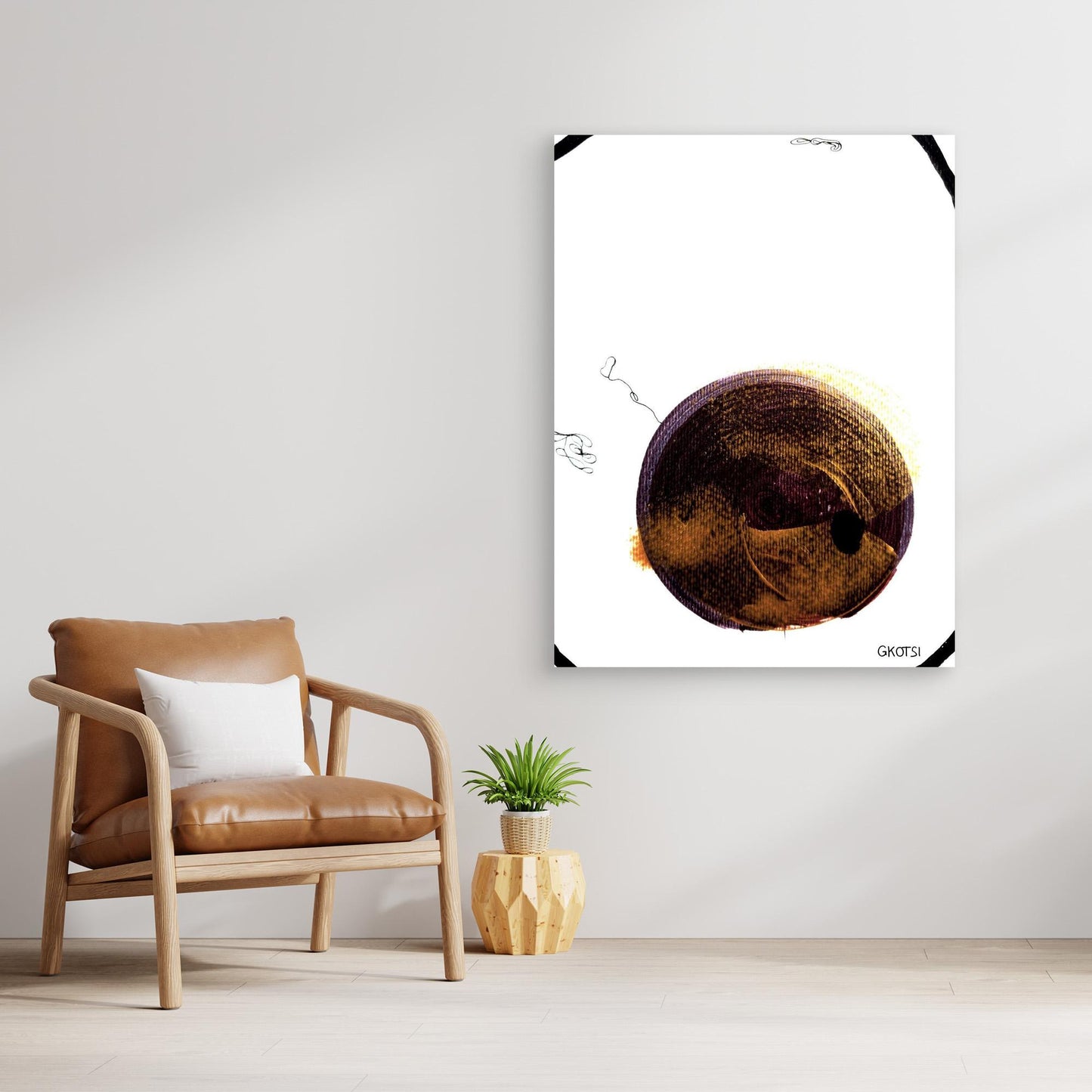 BALOON abstract canvas print next to stylish chair and plant - contemporary symbols interior design