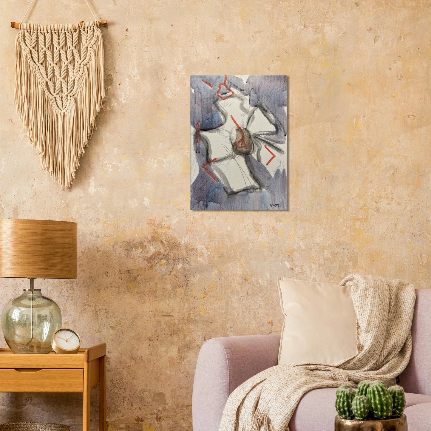 BLOOMY Canvas above modern sofa in serene living room - minimal moments floral wall art