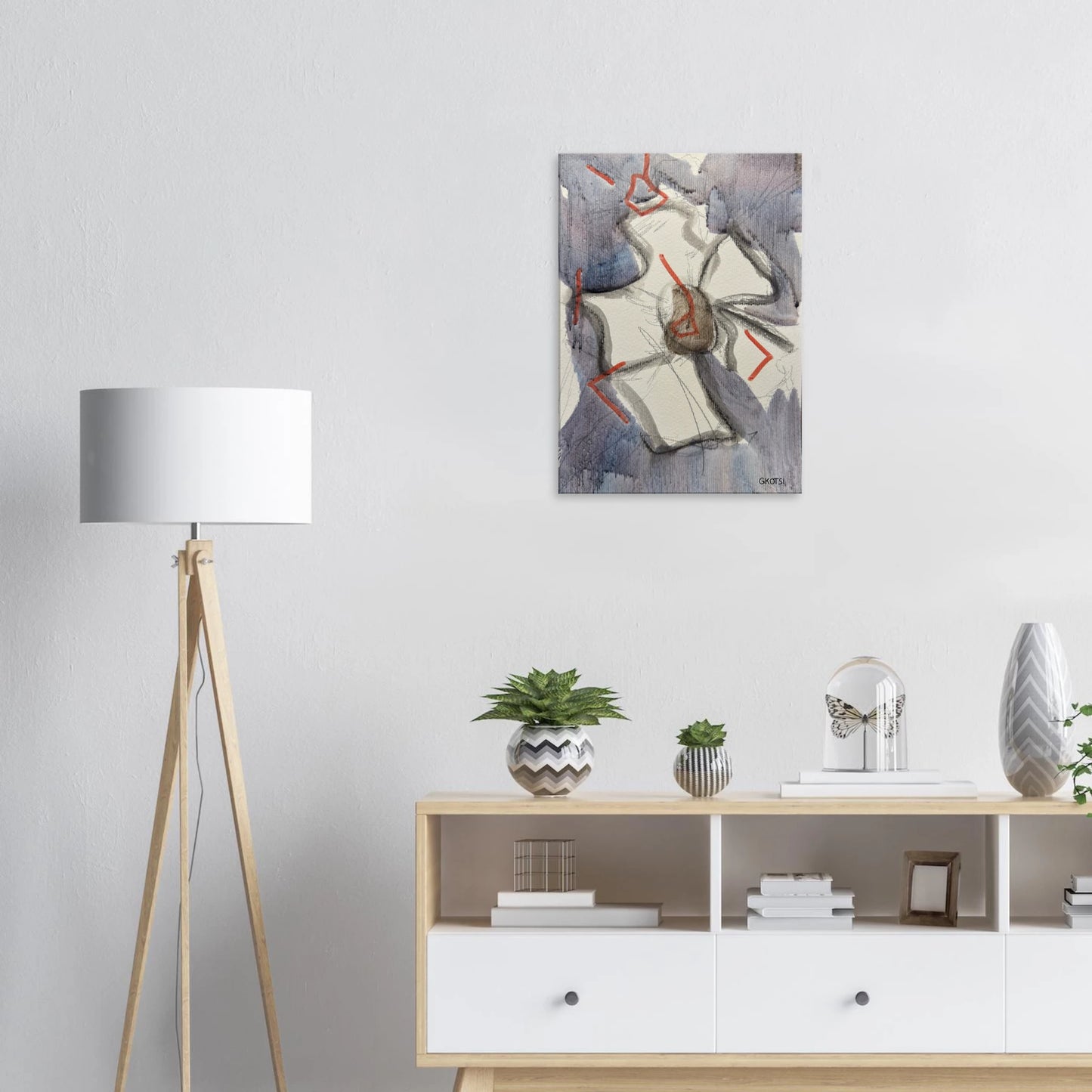 BLOOMY Canvas above white sideboard with decor - elegant minimal floral design