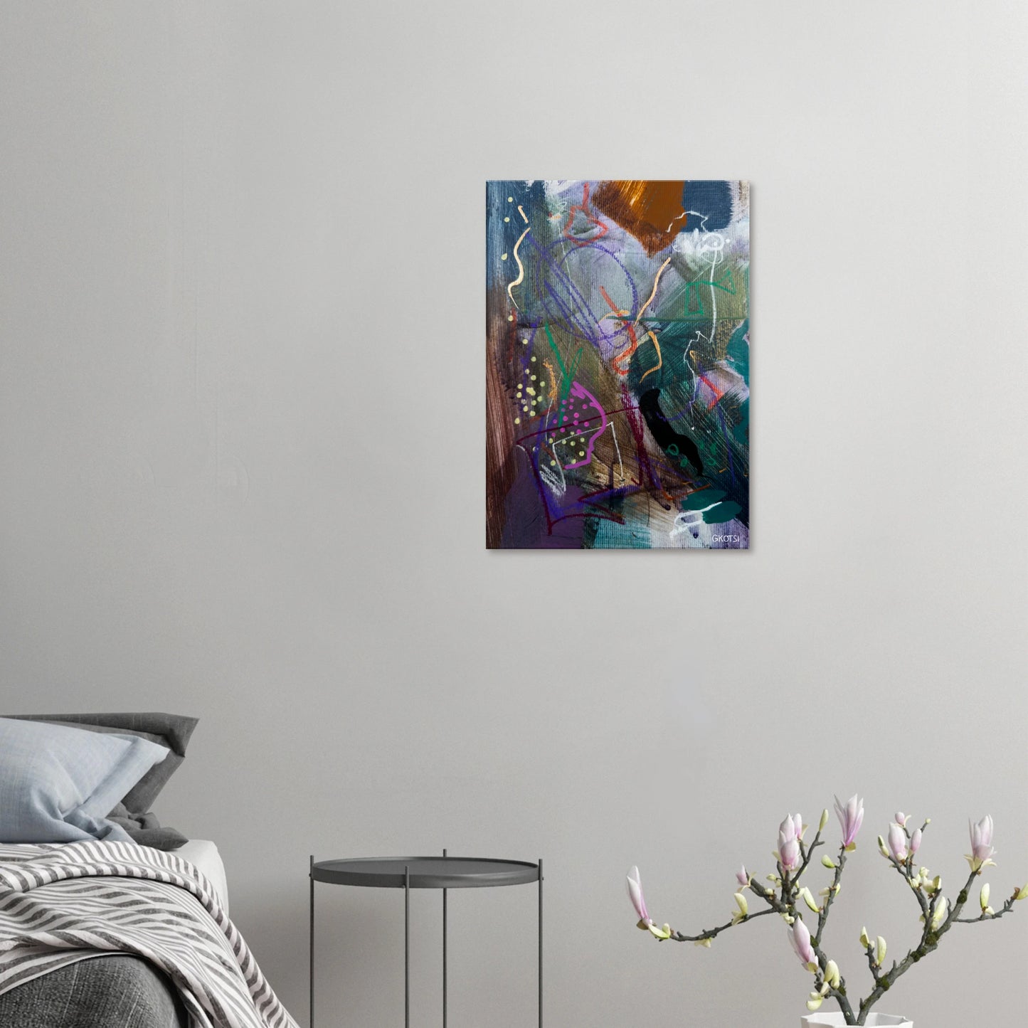 BLOOMY canvas print above bed with flower vase in bedroom