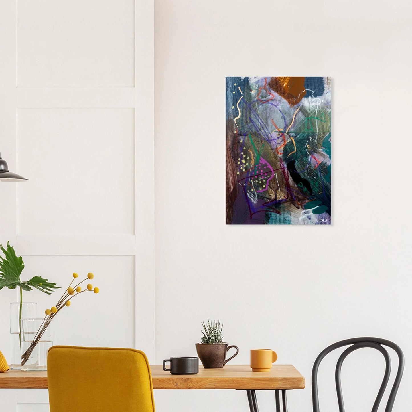 BLOOMY canvas print above breakfast table in dining area