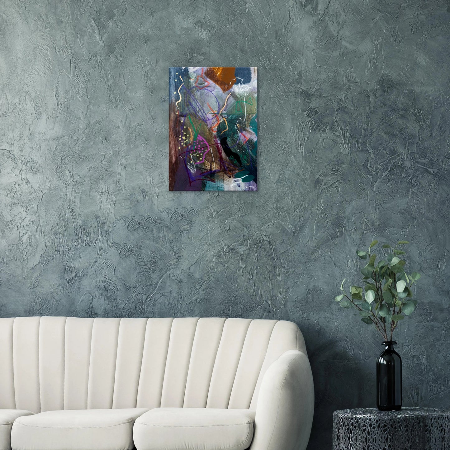 BLOOMY canvas print above grey sofa in living room