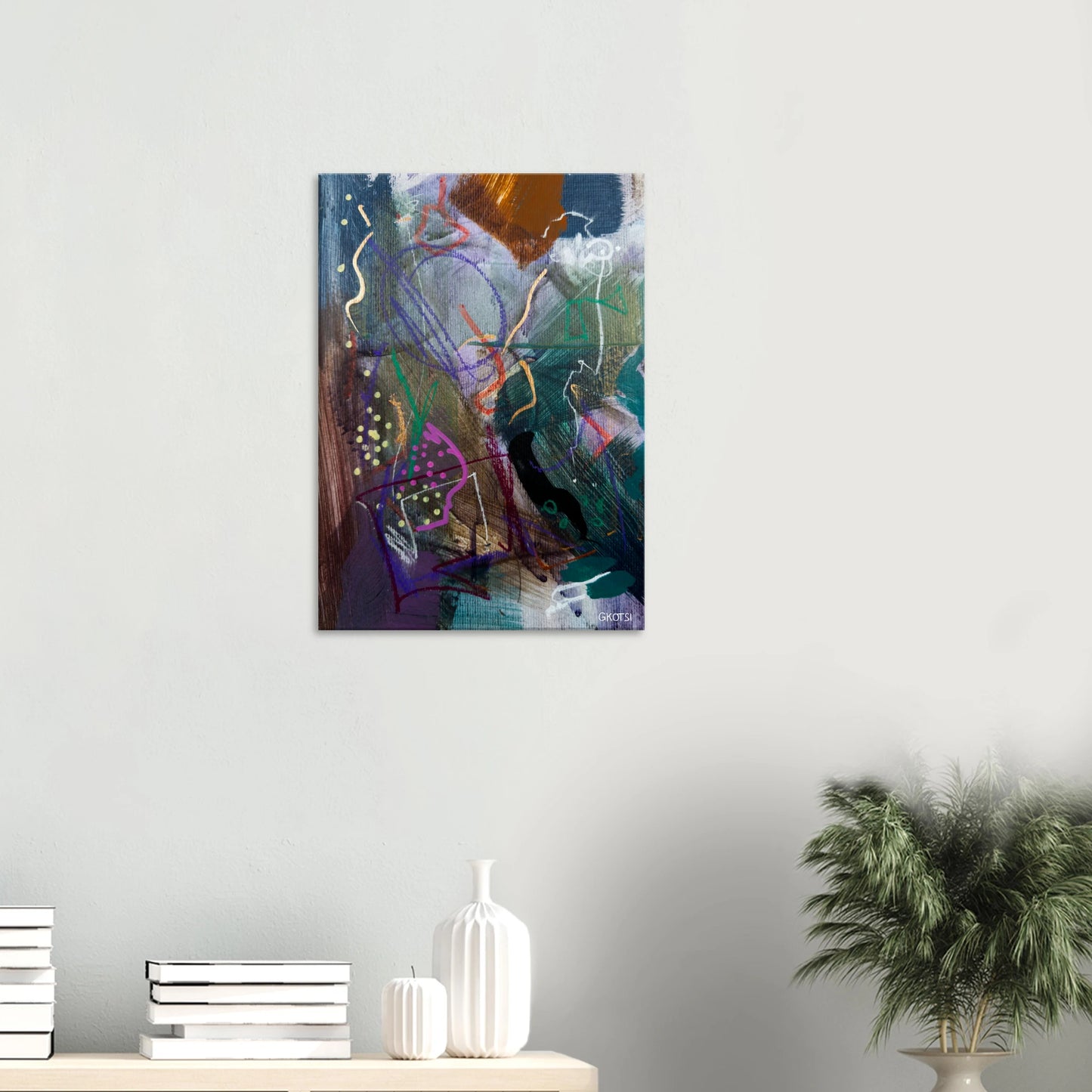BLOOMY canvas print above table with small plant
