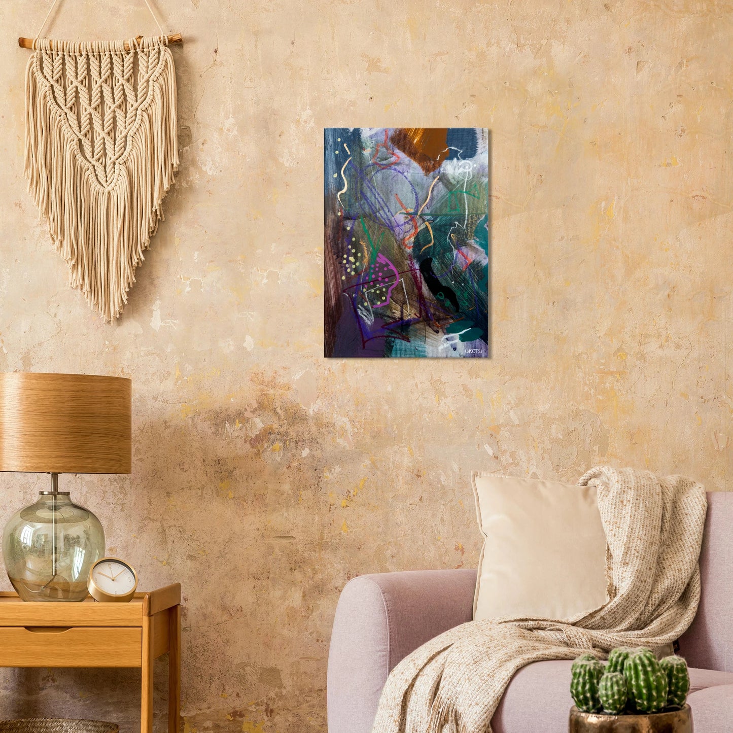 BLOOMY canvas print in light brown living room interior