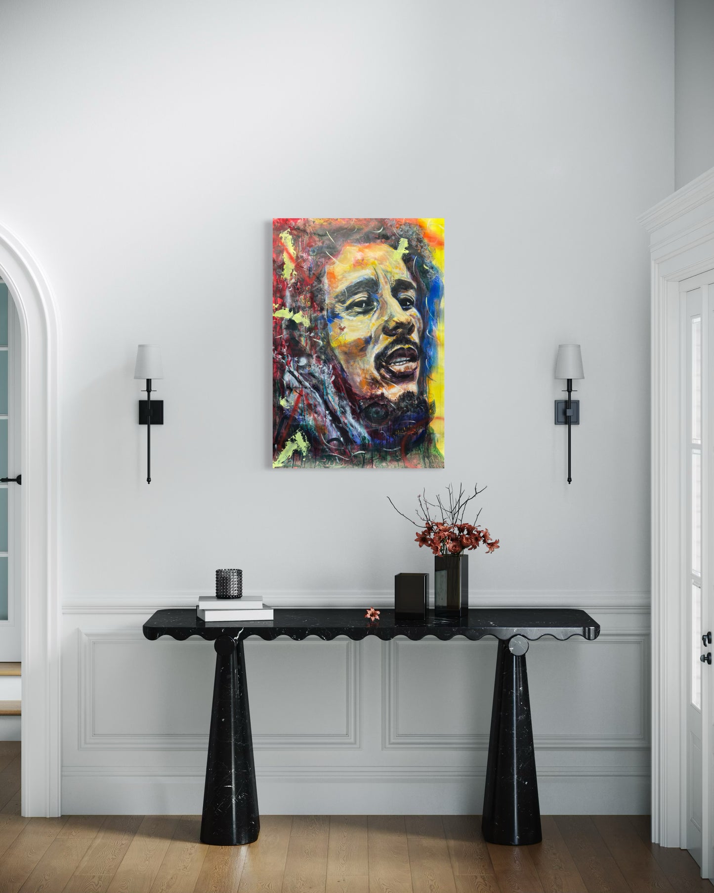 Bob Marley in hallway with table