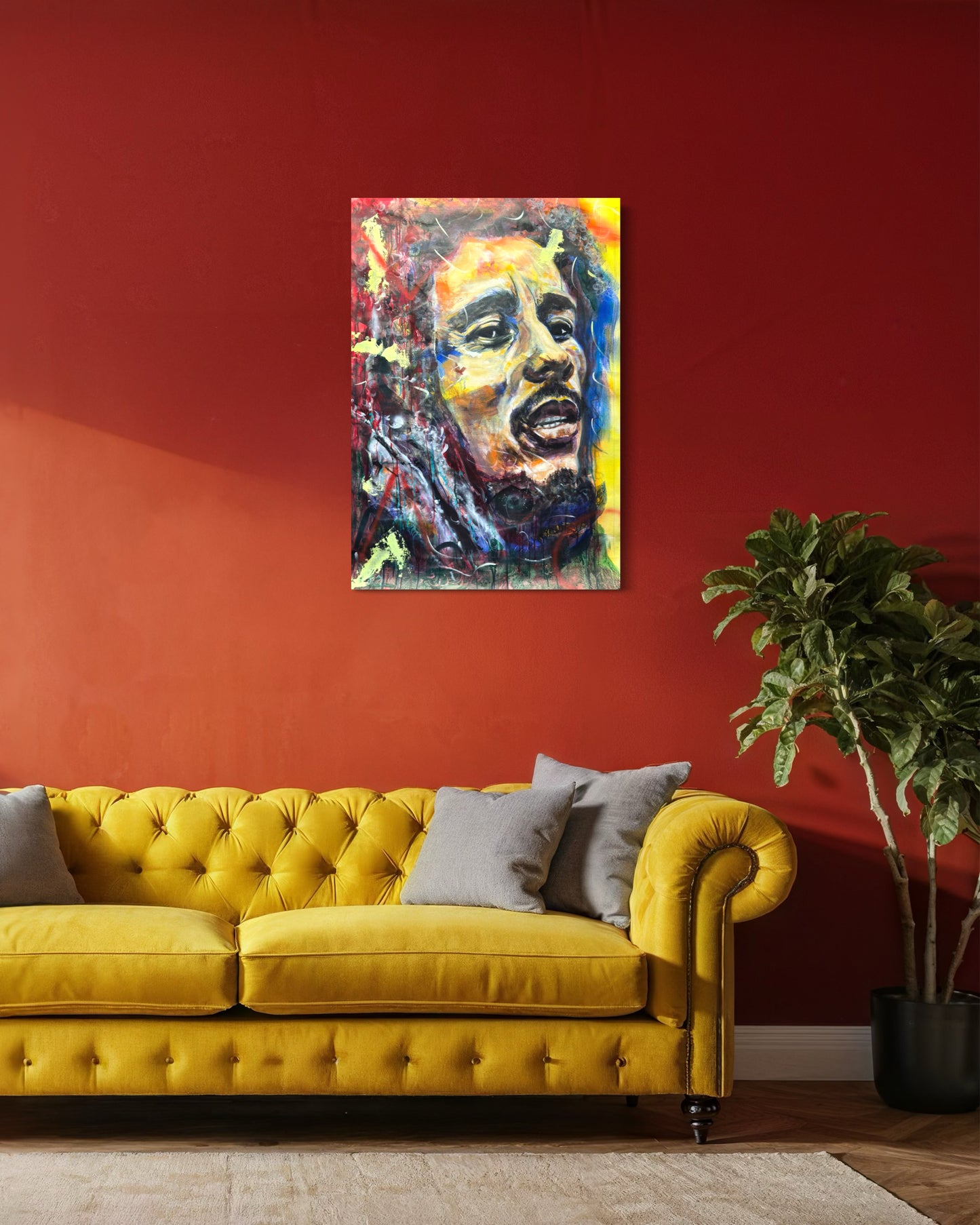 Bob Marley in red room with yellow sofa