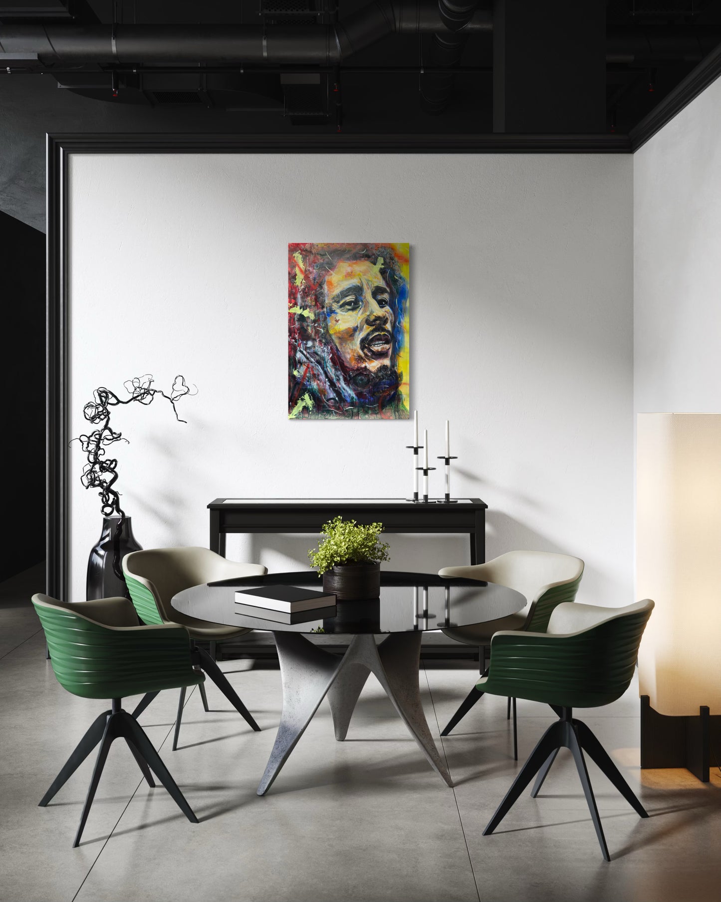 Bob Marley in room with round table and four chairs