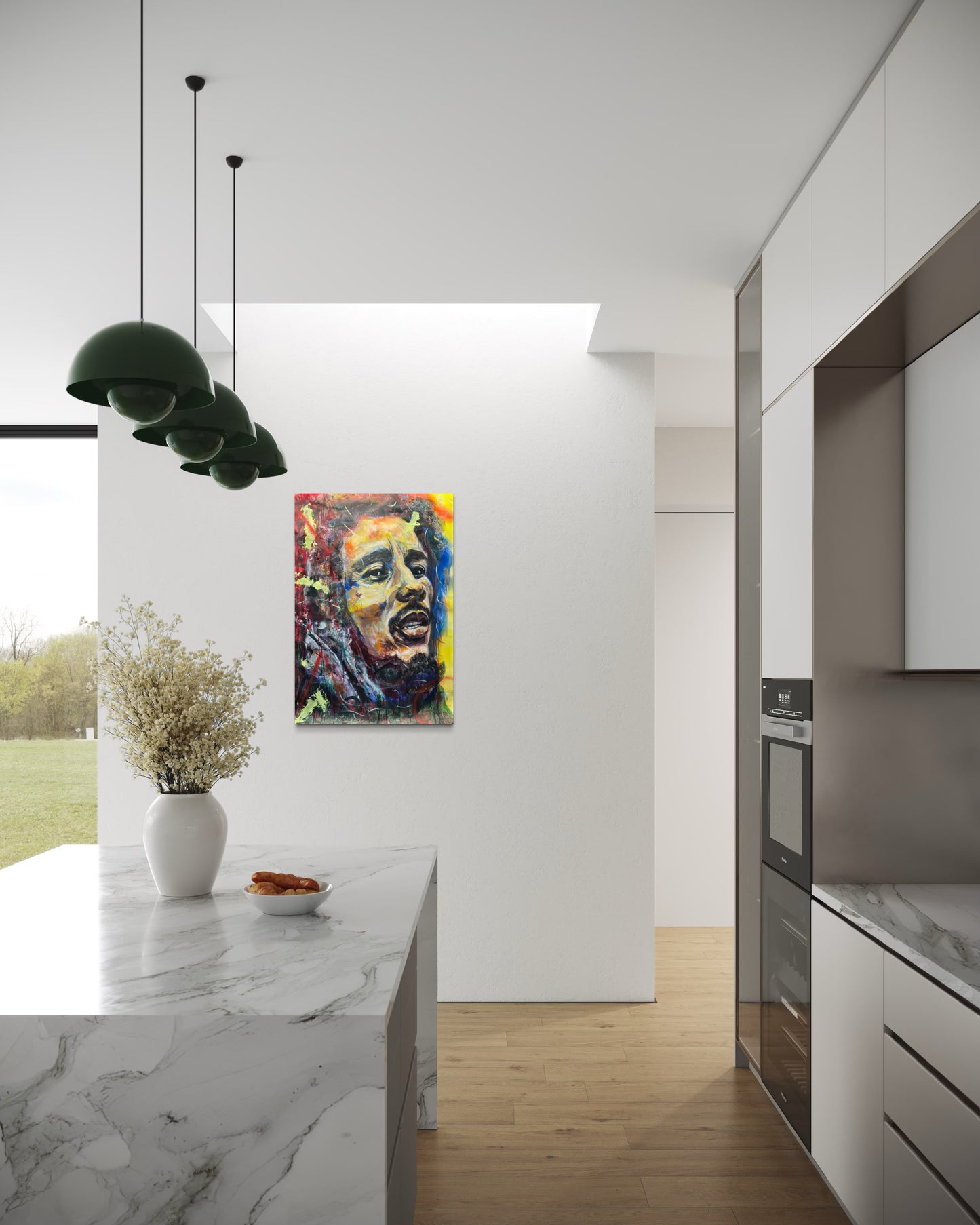 Bob Marley in stylish modern kitchen