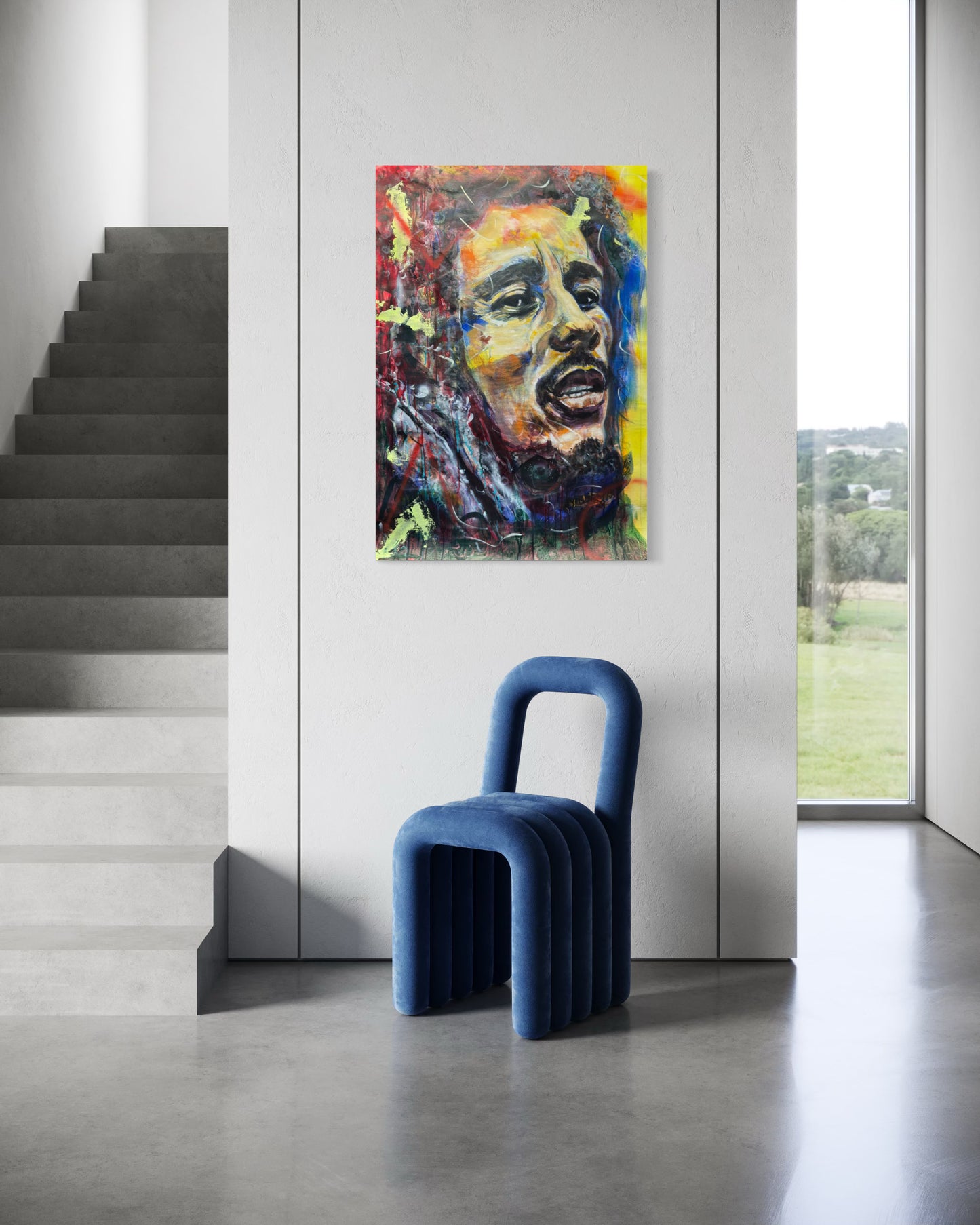 Bob Marley on staircase with modern chair