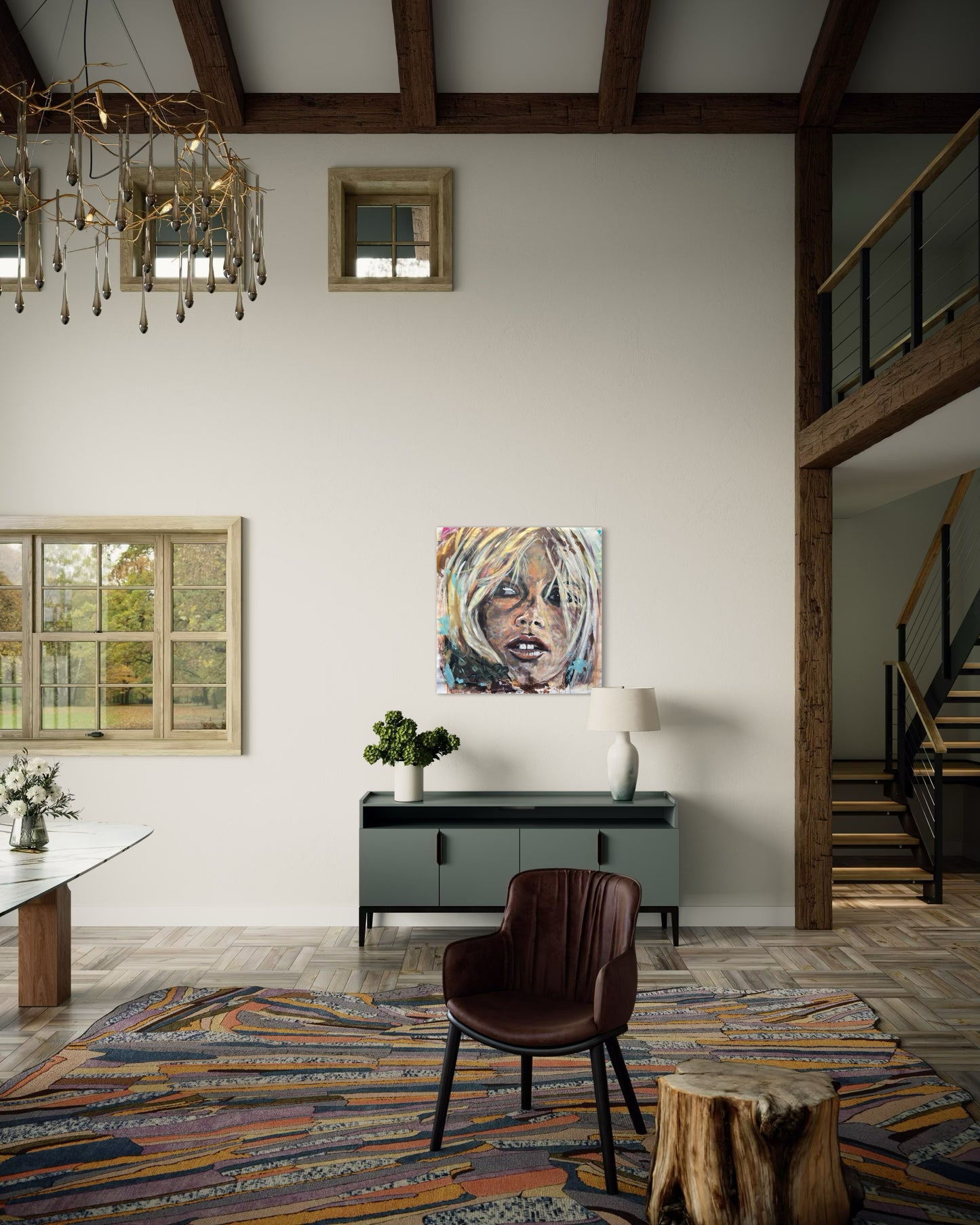 Brigitte Bardot painting above table in large living room