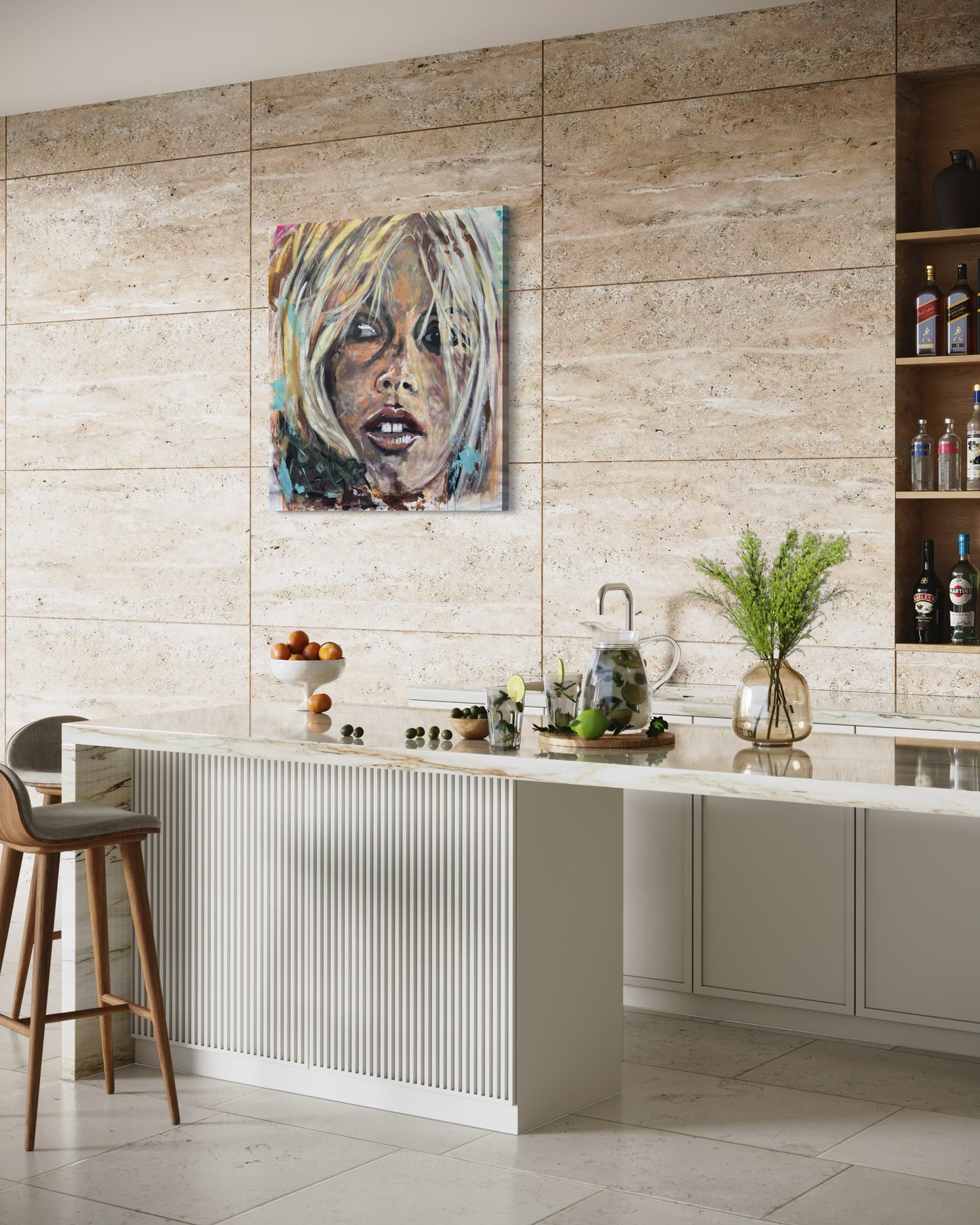 Brigitte Bardot artwork at modern house bar