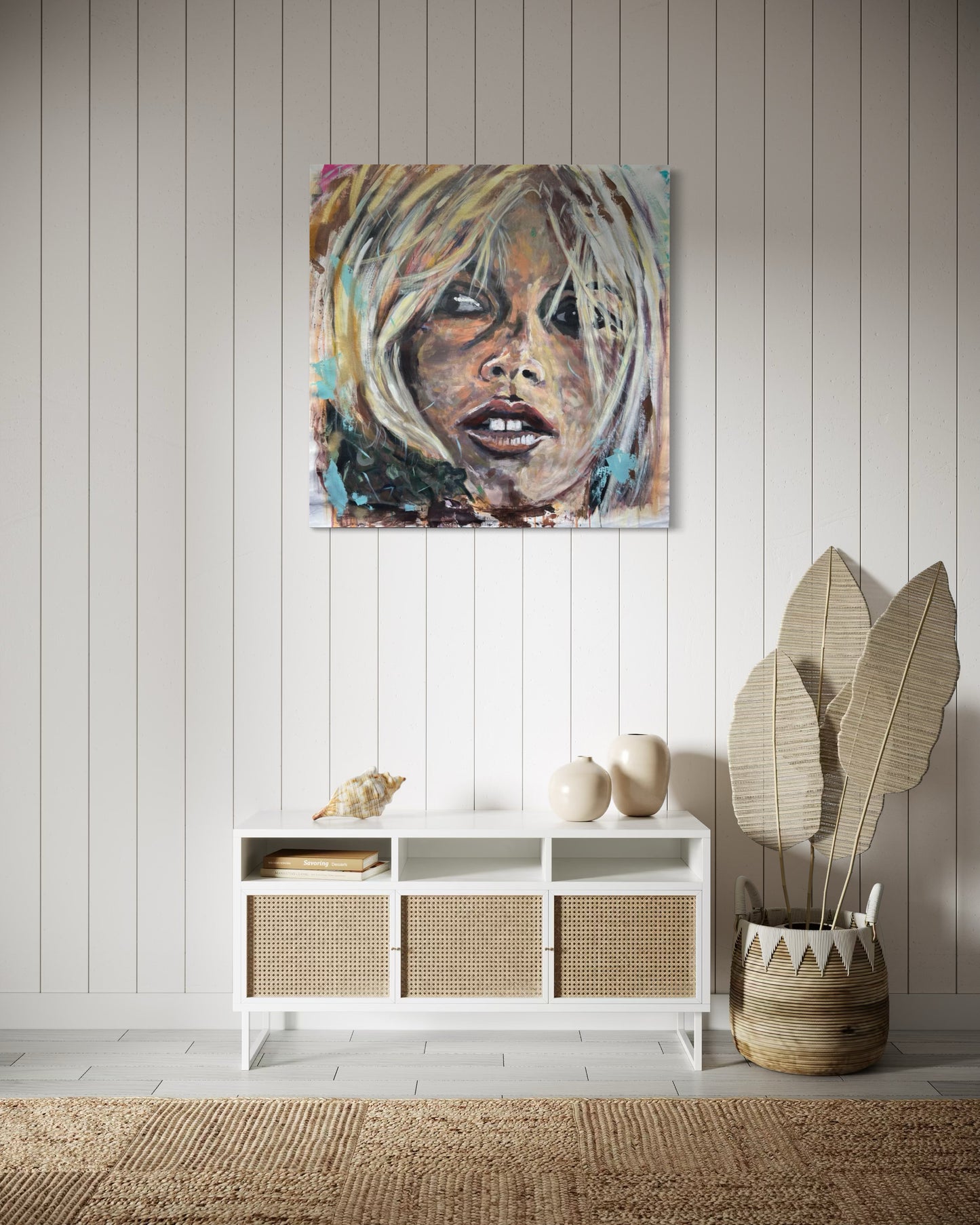 Brigitte Bardot painting in beige room interior