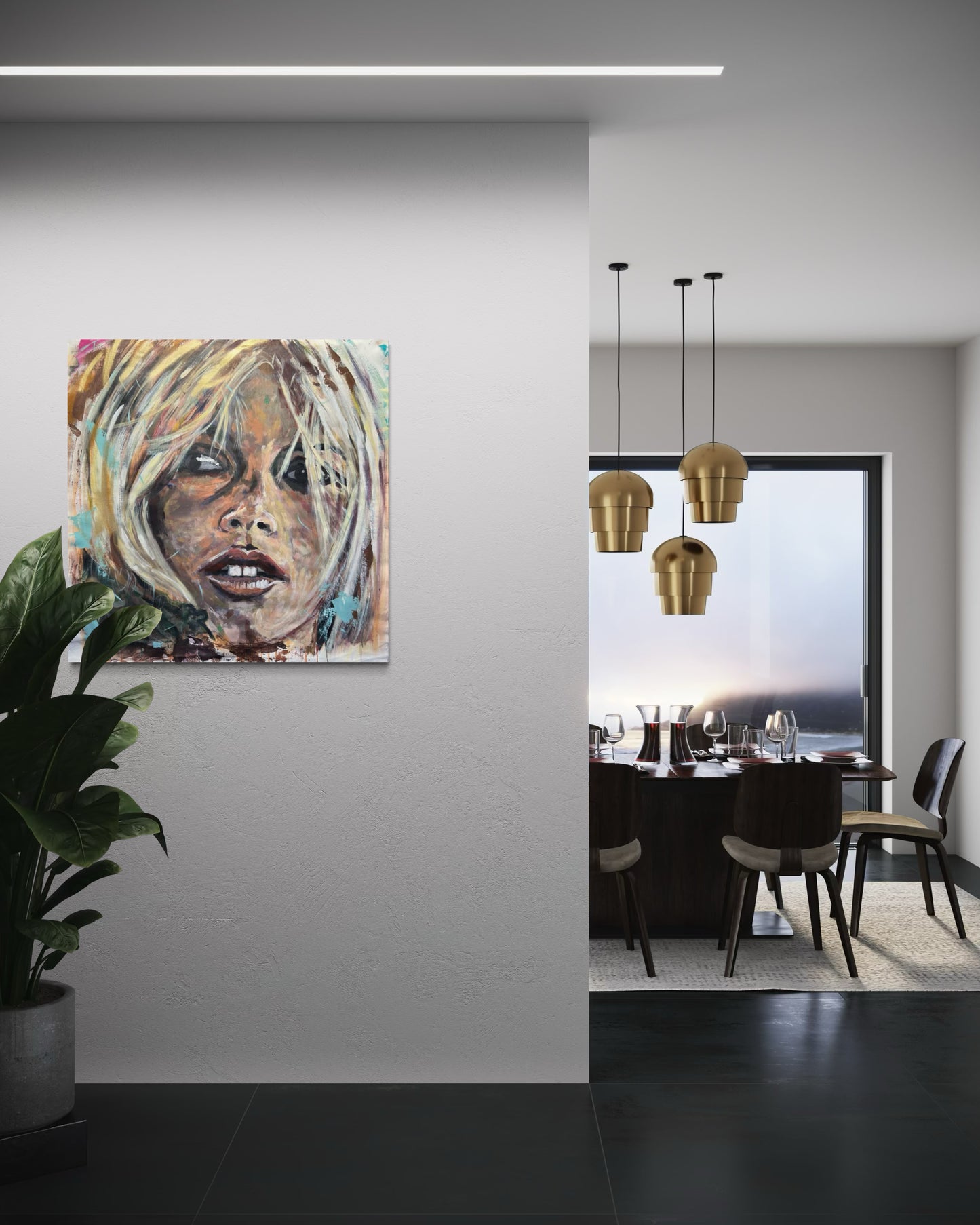 Brigitte Bardot painting in front of modern dining room on wall