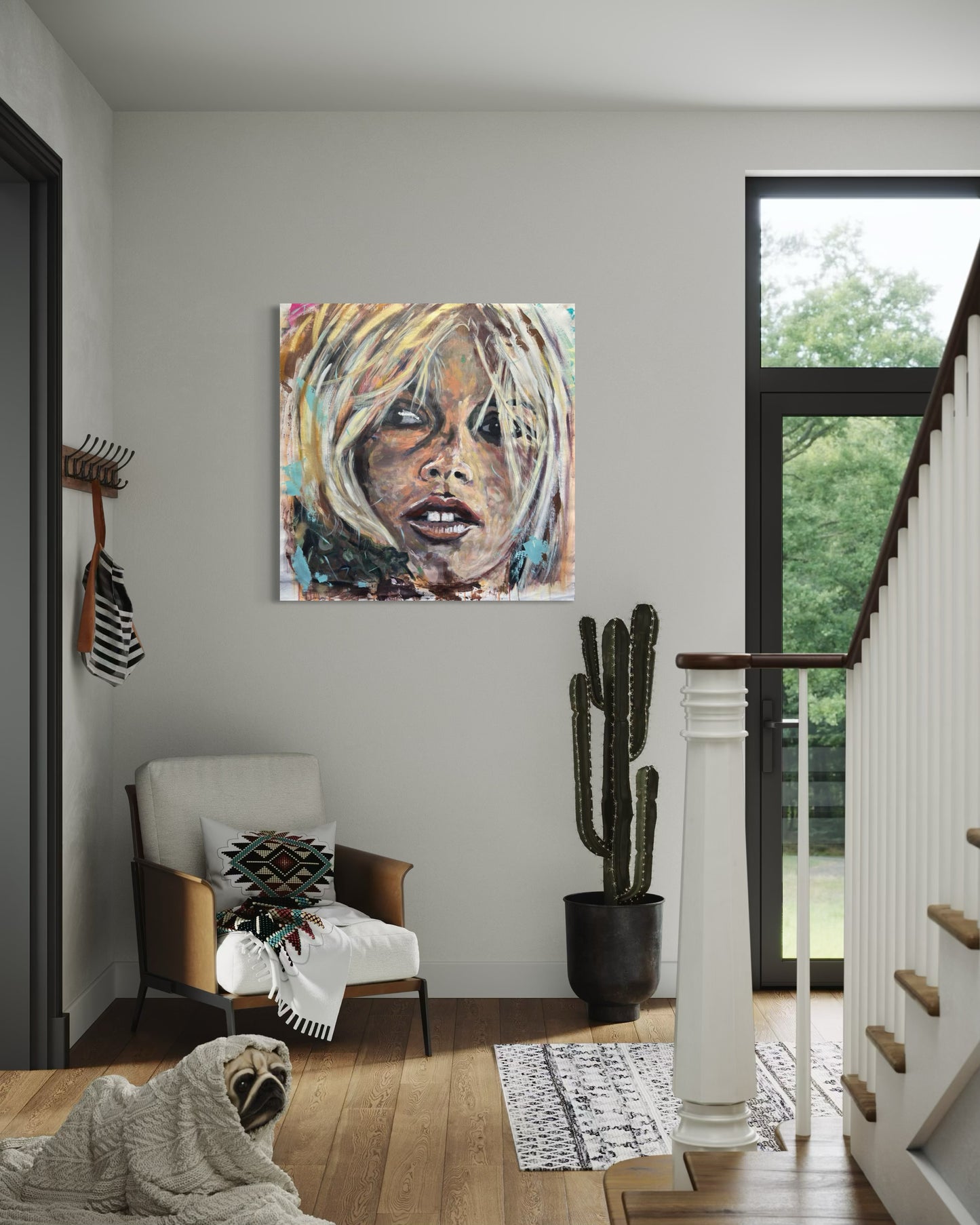 Brigitte Bardot painting in room corner with chair