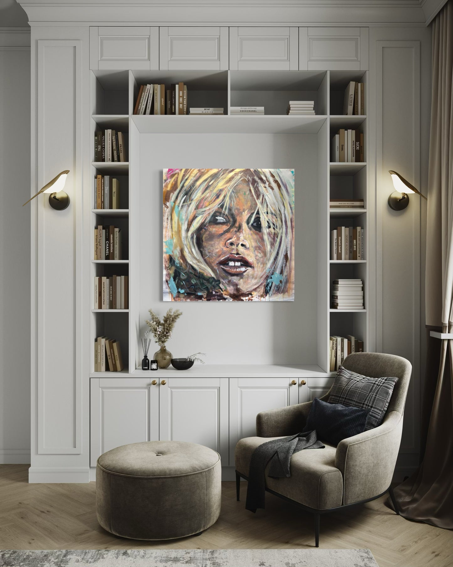 Brigitte Bardot artwork in square bookshelf