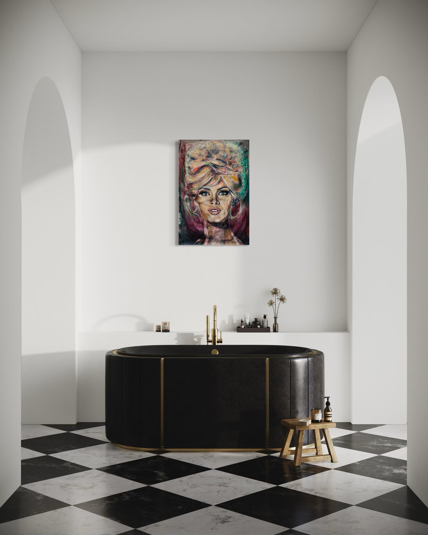 Brigitte Bardot artwork above black bathtub with black and white tiles