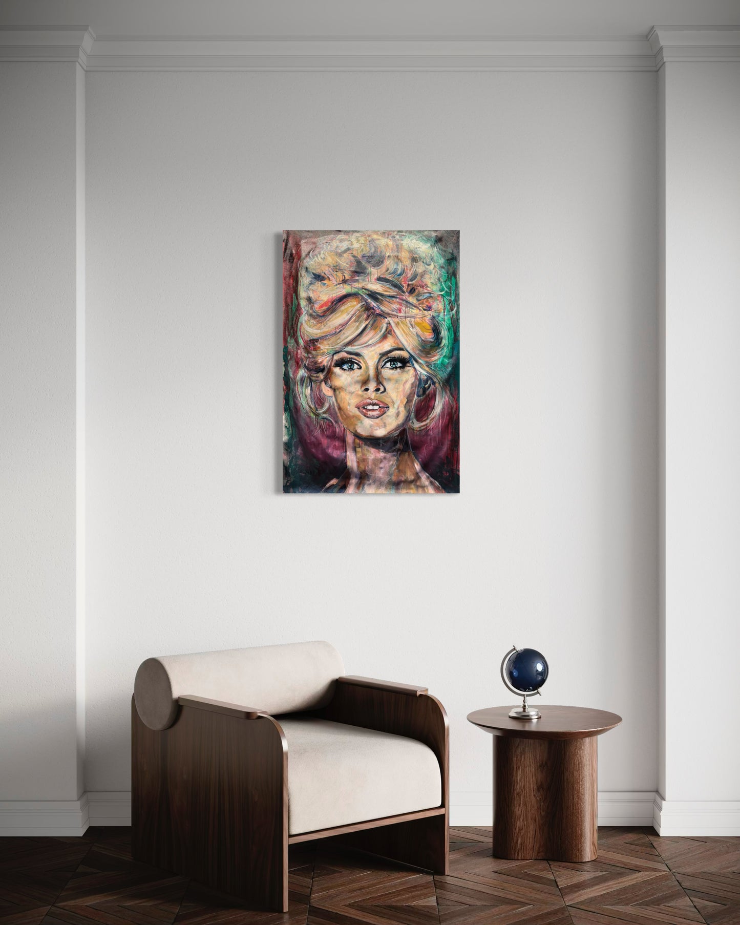 Brigitte Bardot artwork above chair-sofa in waiting room